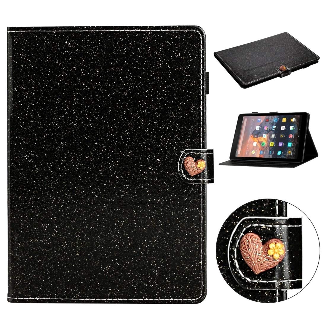 Ultra Slim Glitter Flip Leather Case for Amazon Kindle Youth Edition - Love Buckle Design with Holder & Card Slots - Tablet Back Cover (Black) - Perfect for Reading, Traveling and Daily Protection