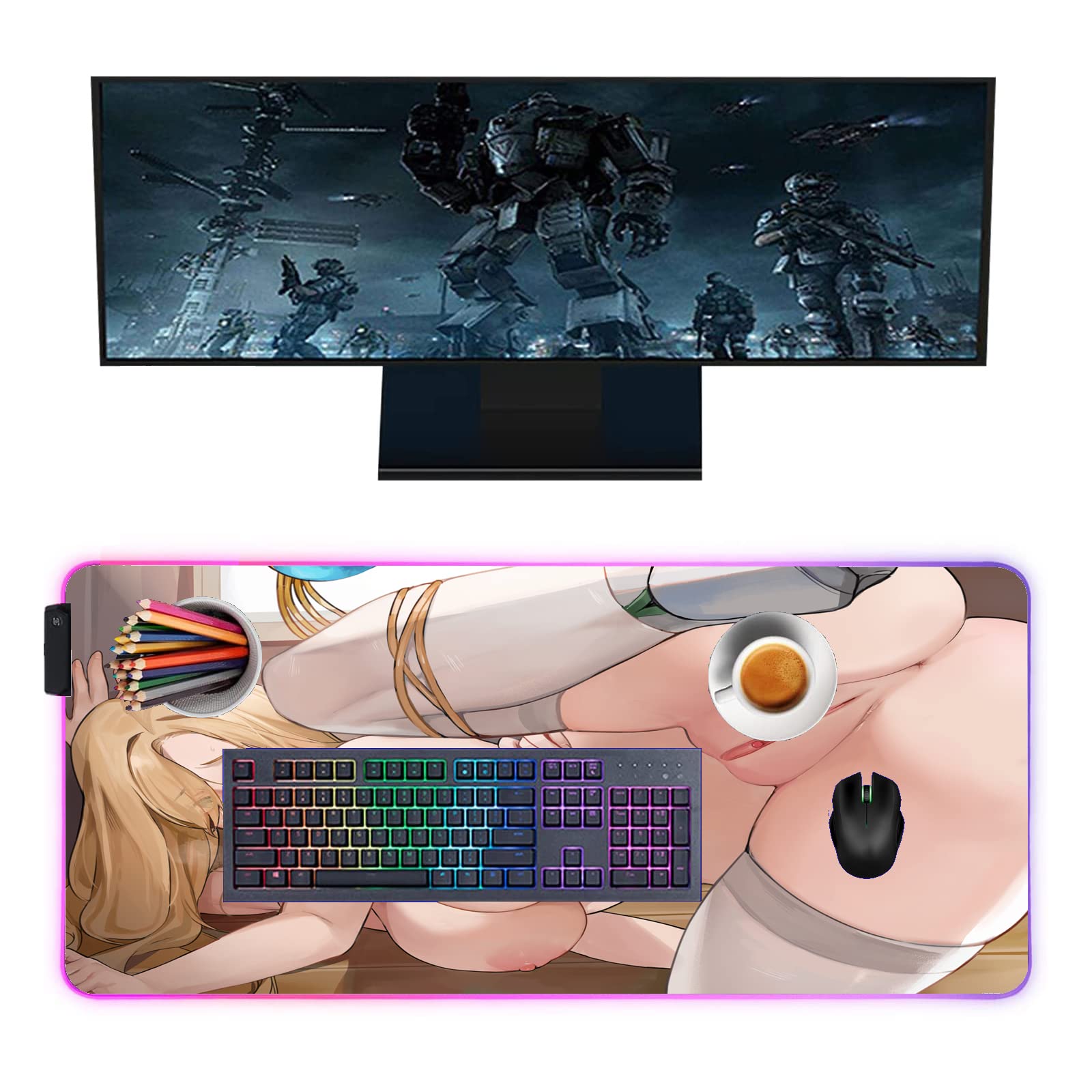 Anime Girl Gaming Mouse Pad with RGB LED Lights - 39.37x19.68 Inch Large Non-Slip Desk Mat for PC, Laptop & Keyboard - Colorful Gamer Accessory for Office, Home & Gaming Setup