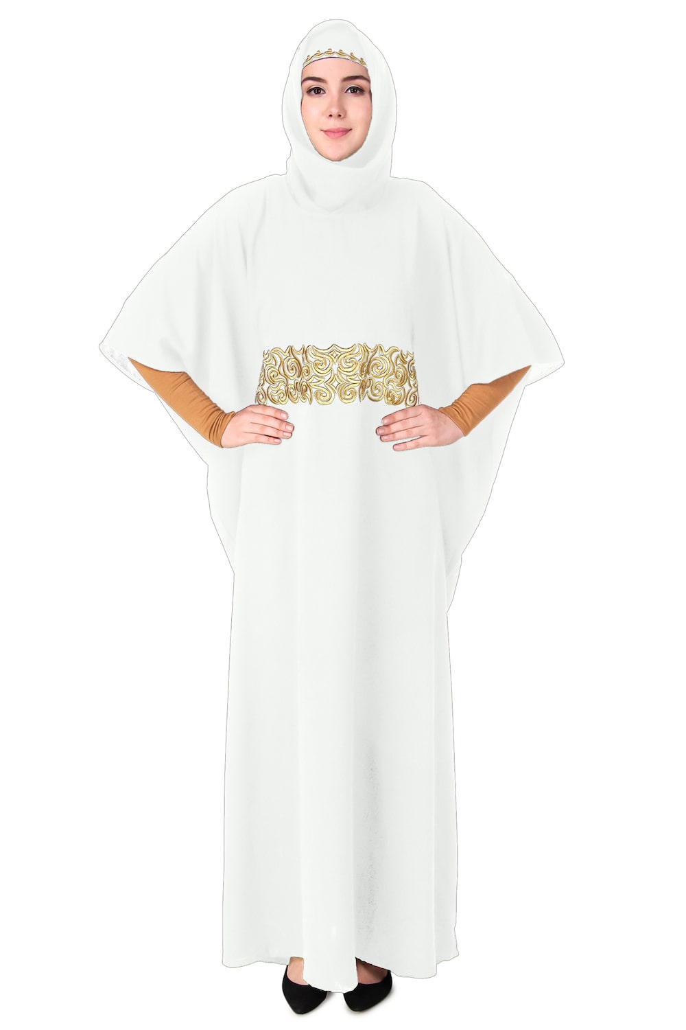 Handmade Gold Embroidered Waist Accent Kaftan Dress - Elegant Beach Cover Up & Boho Chic Homewear for Women