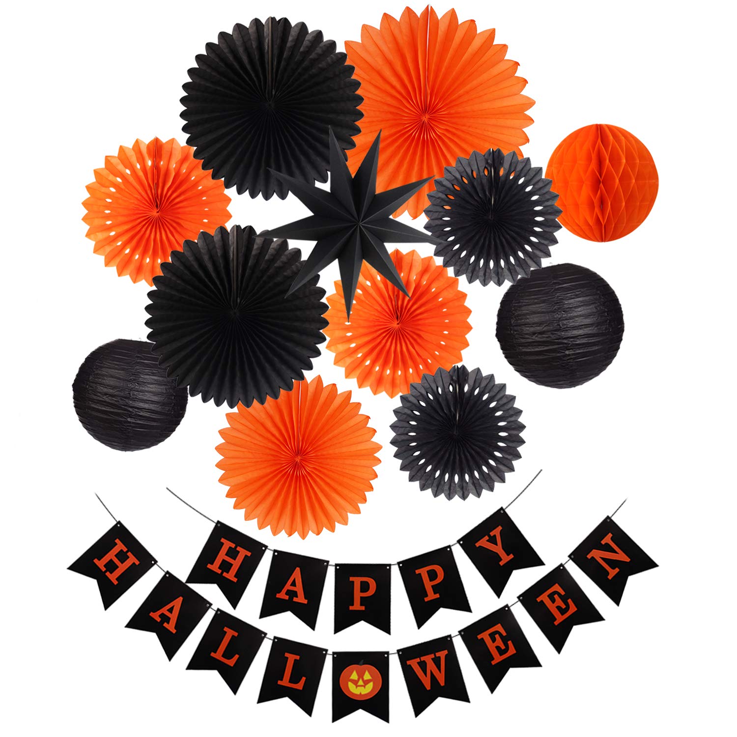 Halloween Party Decorations Kit - Hanging Paper Lanterns, Tissue Fans, Star Banners for Halloween Night & Thanksgiving - Indoor/Outdoor Decor for Home, Yard, and Party Events