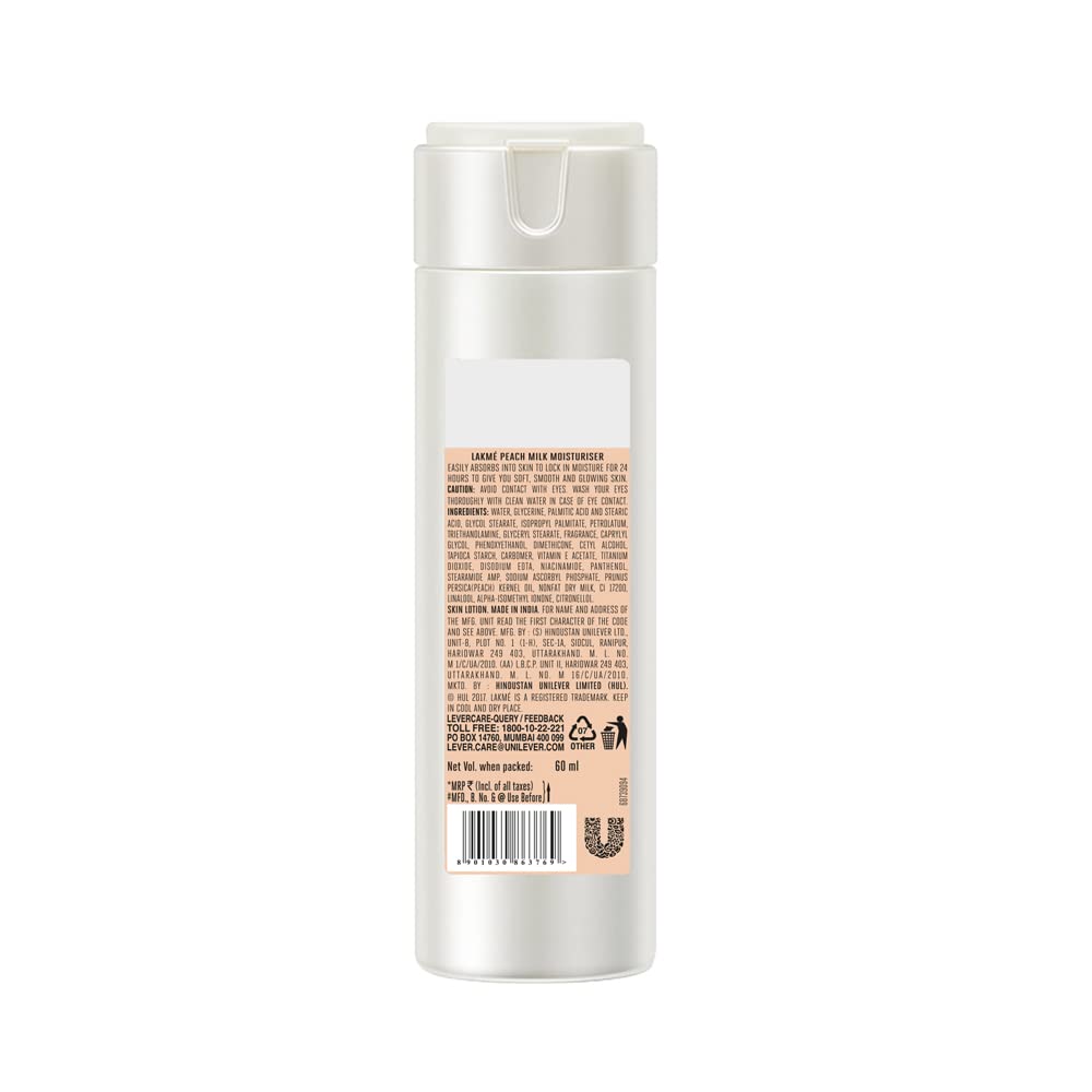 LAKMÉ Peach Milk Moisturizer Body Lotion - 60ml Hydrating & Nourishing Cream for Dry Skin | Perfect for Daily Moisturizing, After Shower Care & Travel Skincare