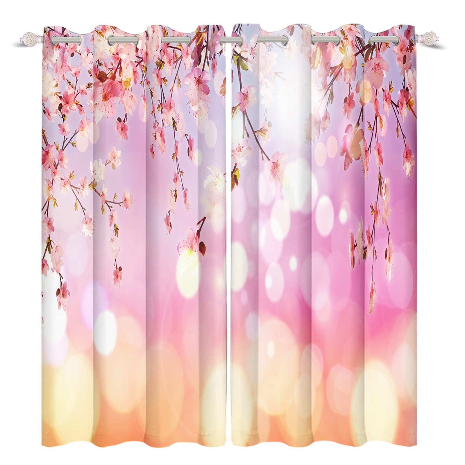Pink Cherry Blossom Floral Window Curtains for Bedroom & Living Room - Light Filtering Room Darkening Drapes with Dreamy Bokeh Effect (53x84 Inch, 2 Panels) - Perfect for Home Decor, Nursery, and Cozy Reading Nooks