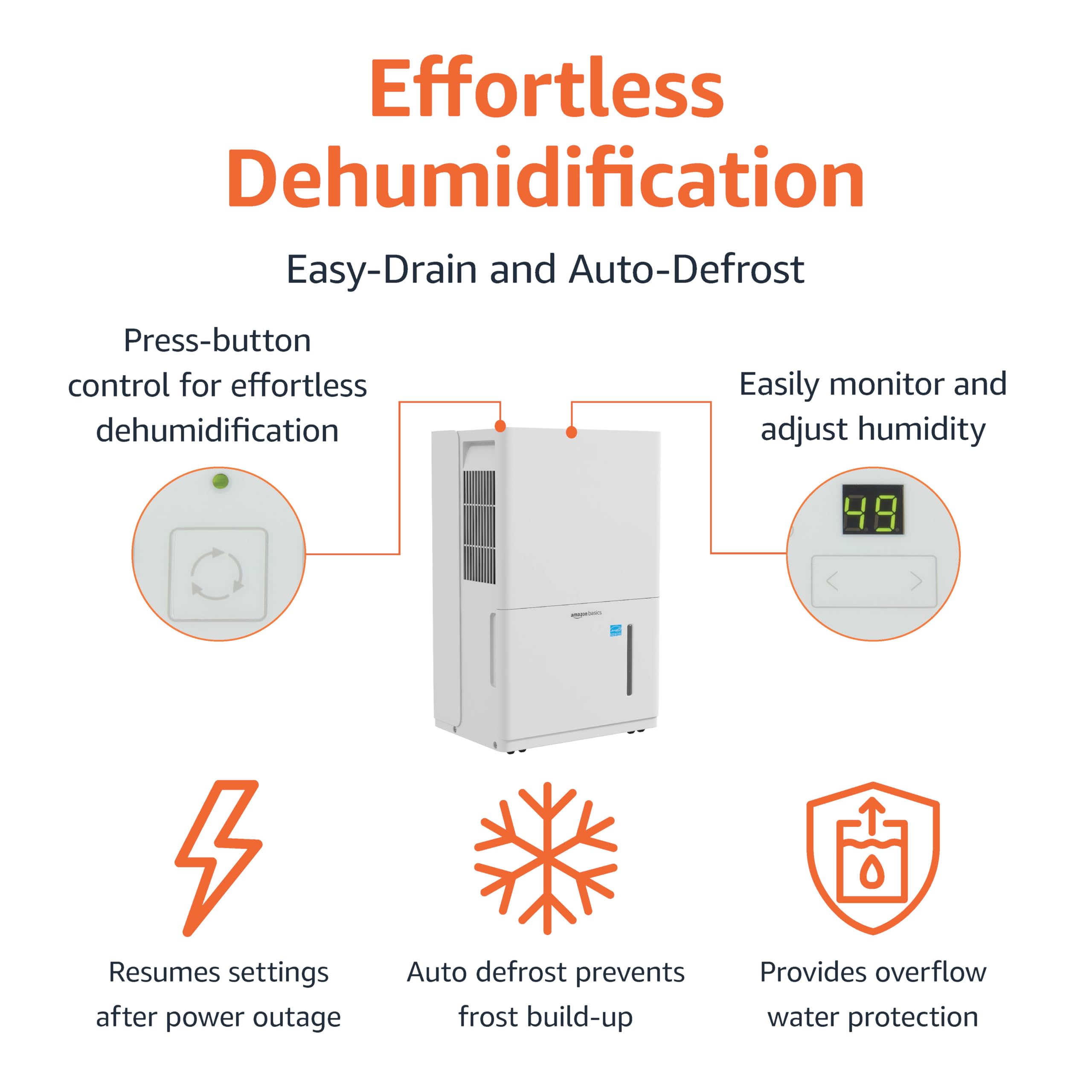 Amazon Basics 50-Pint Energy Star Certified Dehumidifier with Drain Pump - Ideal for Basements, Bathrooms & Large Rooms Up to 4000 Sq Ft - Features Timer, Auto-Defrost & Overflow Protection - White (Perfect for Home, Office, Storage Areas & Damp Spaces)