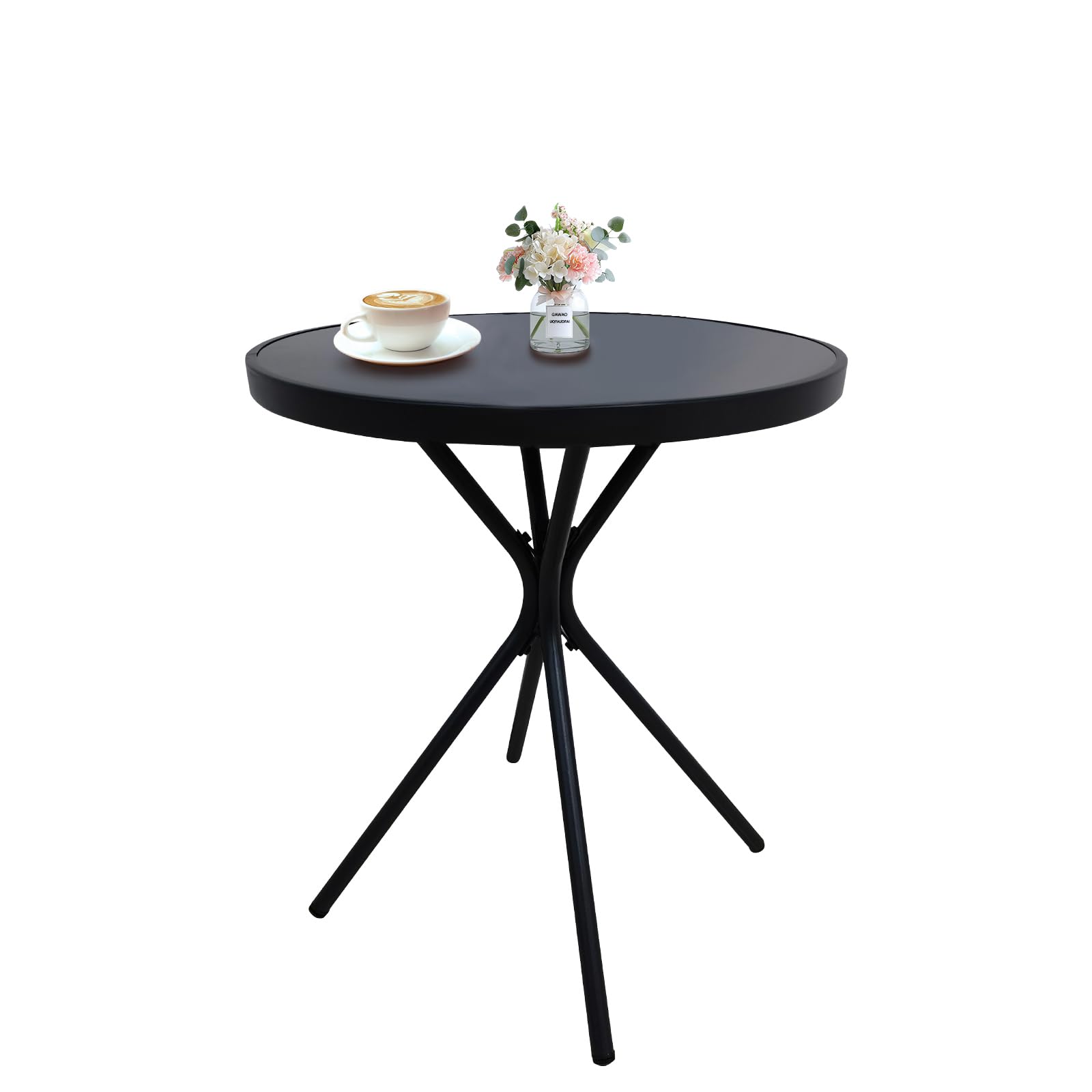 Compact Black Metal Outdoor Patio Side Table with Tempered Glass Top - Weather Resistant Round Bistro Table for Garden, Balcony & Poolside Use
