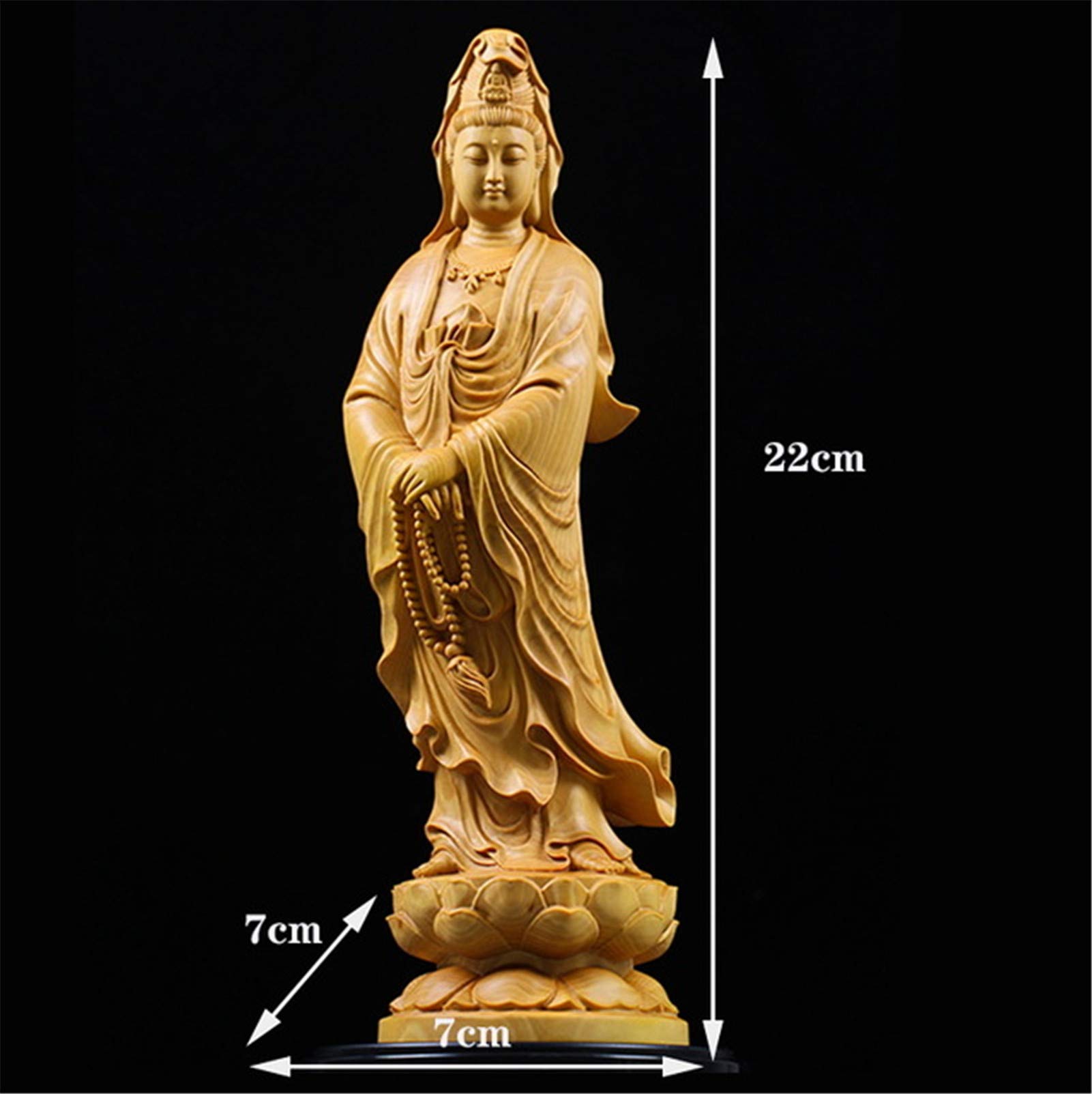 LILOVE 22cm Chinese Solid Wood Guanyin Buddha Statue - Handcrafted Wooden Buddhist Sculpture for Home Altar, Office Desk Decor & Meditation Space - Feng Shui Gift & Spiritual Decor