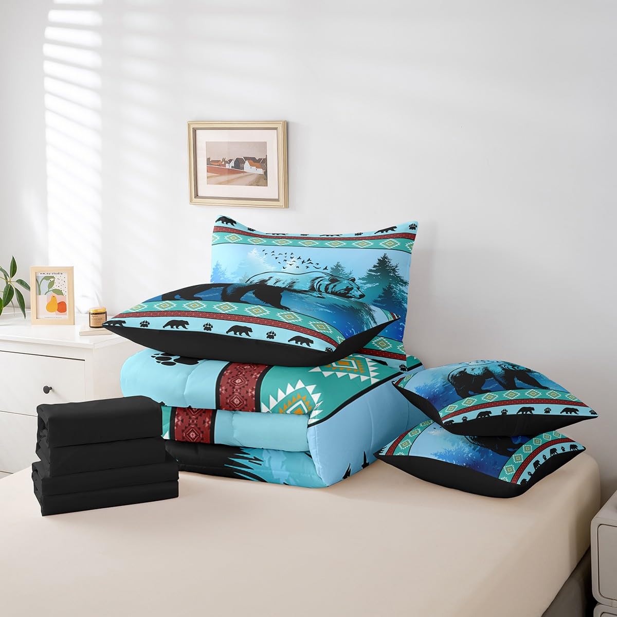 **7-Piece Boys Bear Comforter Set with Sheets - American Aztec Animal Bedding for Kids, Teens & Adults - Queen Size Rustic Farmhouse Wildlife Bed Set - Bohemian Tribal Geometric Design - Perfect for Cozy Bedrooms & Cabin Retreats**