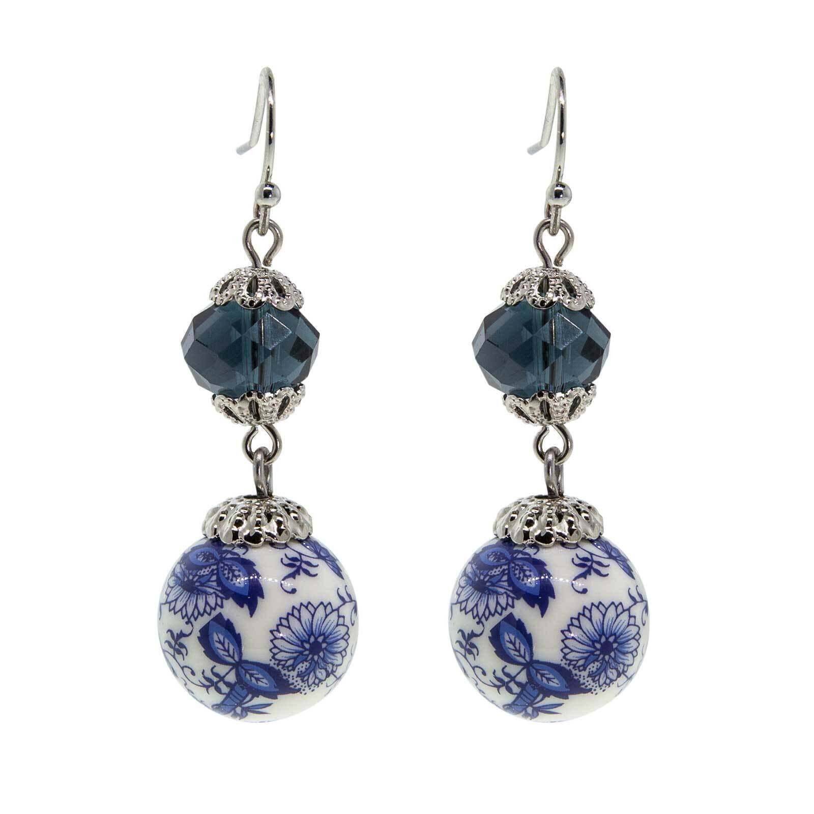 1928 Vintage Blue Willow Dark Blue Beaded Drop Earrings - Handmade Dangle Earrings for Women, Perfect for Weddings, Parties & Special Occasions