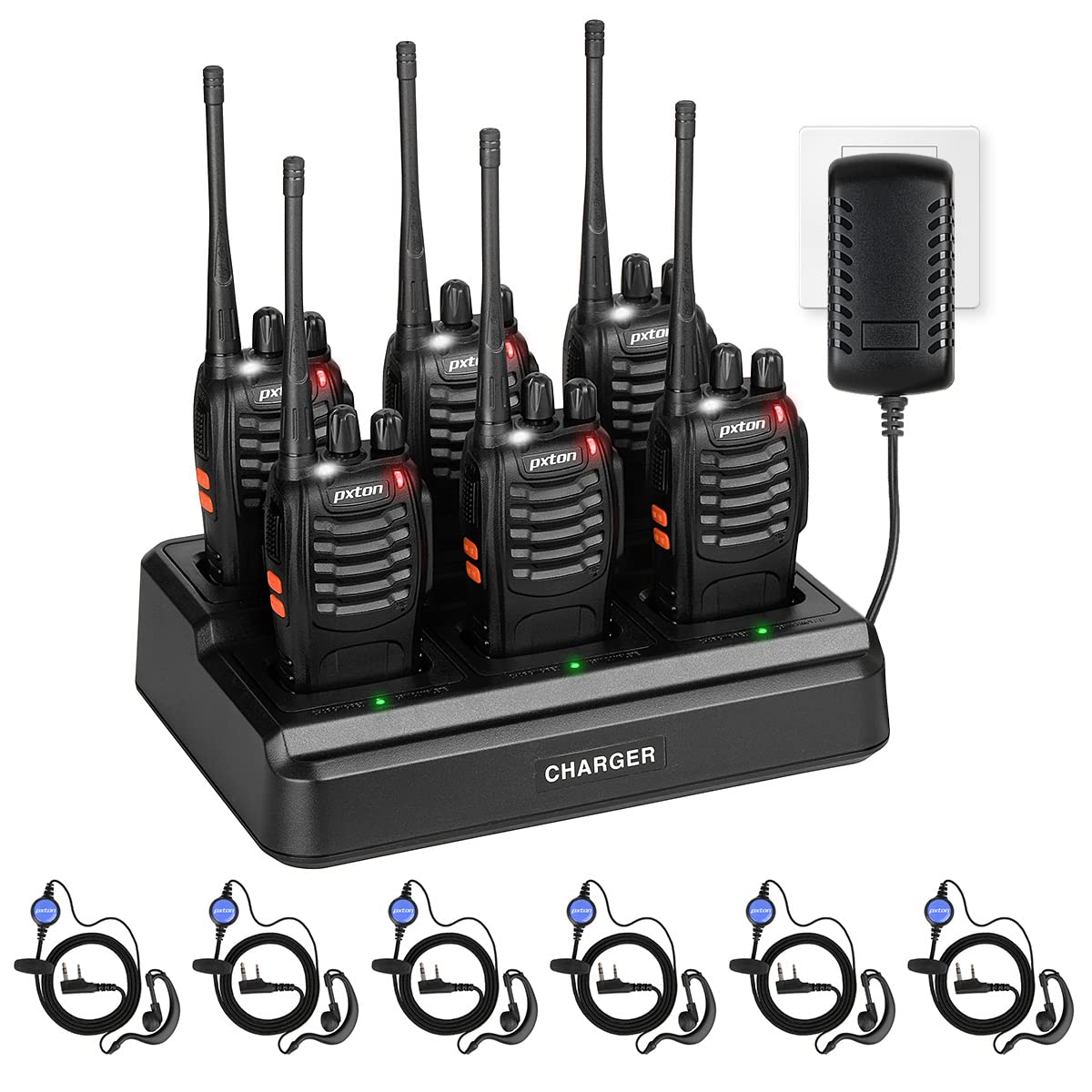 Long Range Walkie Talkies for Adults - Rechargeable Two Way Radios with Upgraded Earpiece, 6-Way Multi Gang Charger & Li-ion Battery (6 Pack) - Perfect for Outdoor Adventures, Construction Sites, and Emergency Communication