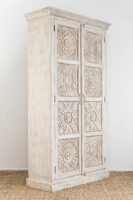 Hand Carved Solid Wood Charika Armoire - Traditional Indian Wardrobe with Mirror & Storage | Perfect for Bedroom, Living Room & Guest Room Organization