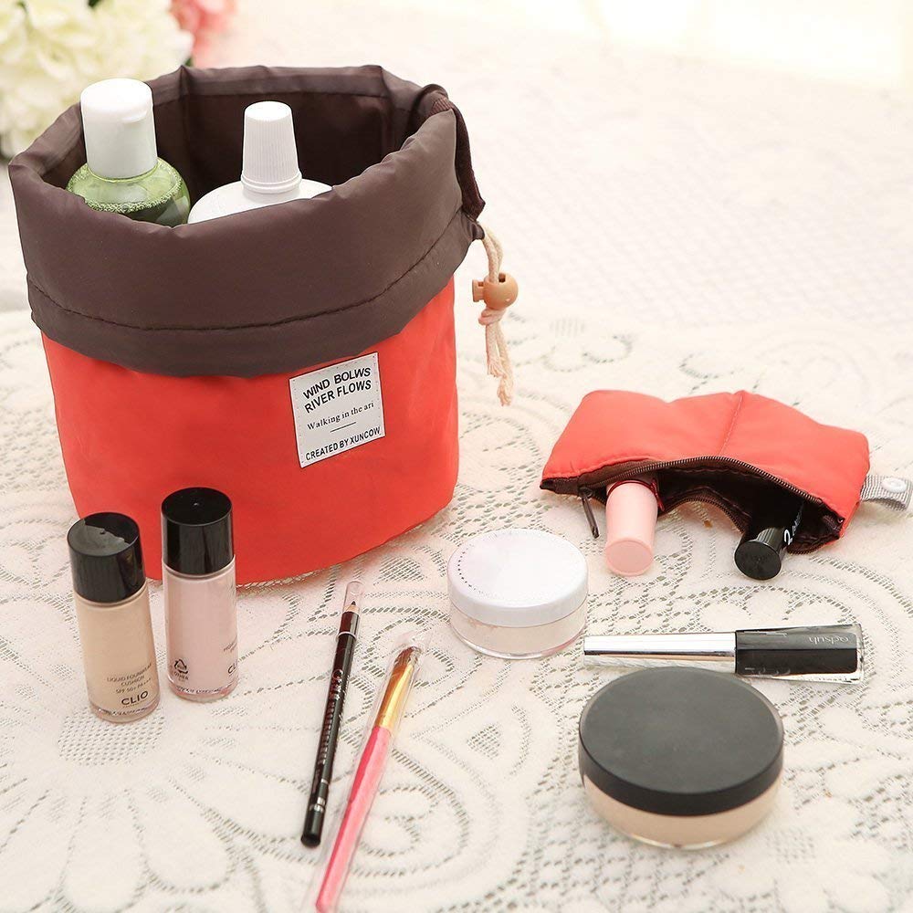 POXEFLIP Barrel Shaped Jewelry and Cosmetics Organizer - Travel Toiletry Bucket Bags for Men and Women (Multicolor) - Perfect for Bathroom Storage, Travel Essentials & Makeup Organization