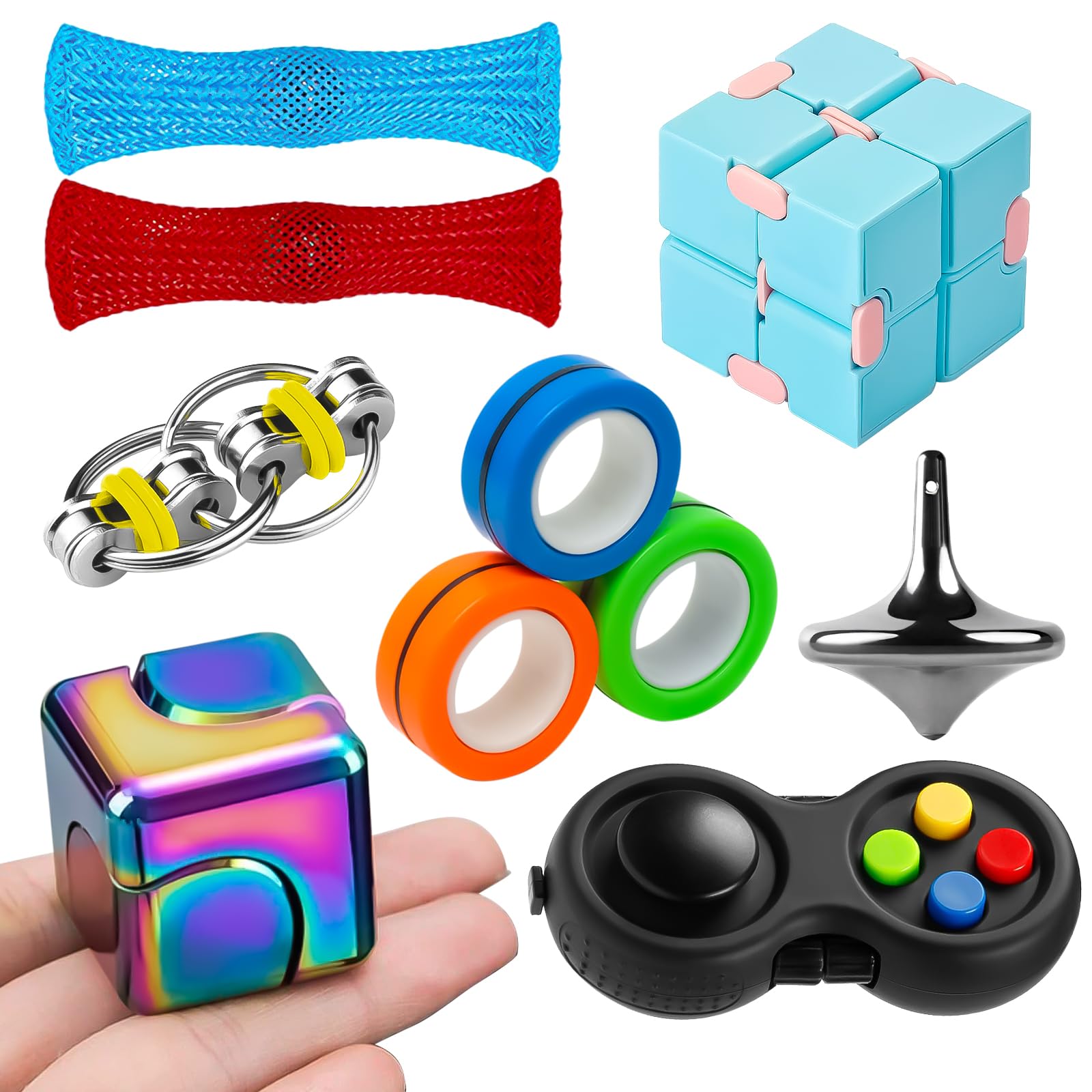 8 Pack Fidget Sensory Toys Set for Adults & Kids - Stress Relief Anxiety Toys with Spinner, Infinity Cube, Fidget Rings, Pad, Chain & Spinning Top - Quiet Desk Toys for Office, School & Home Use