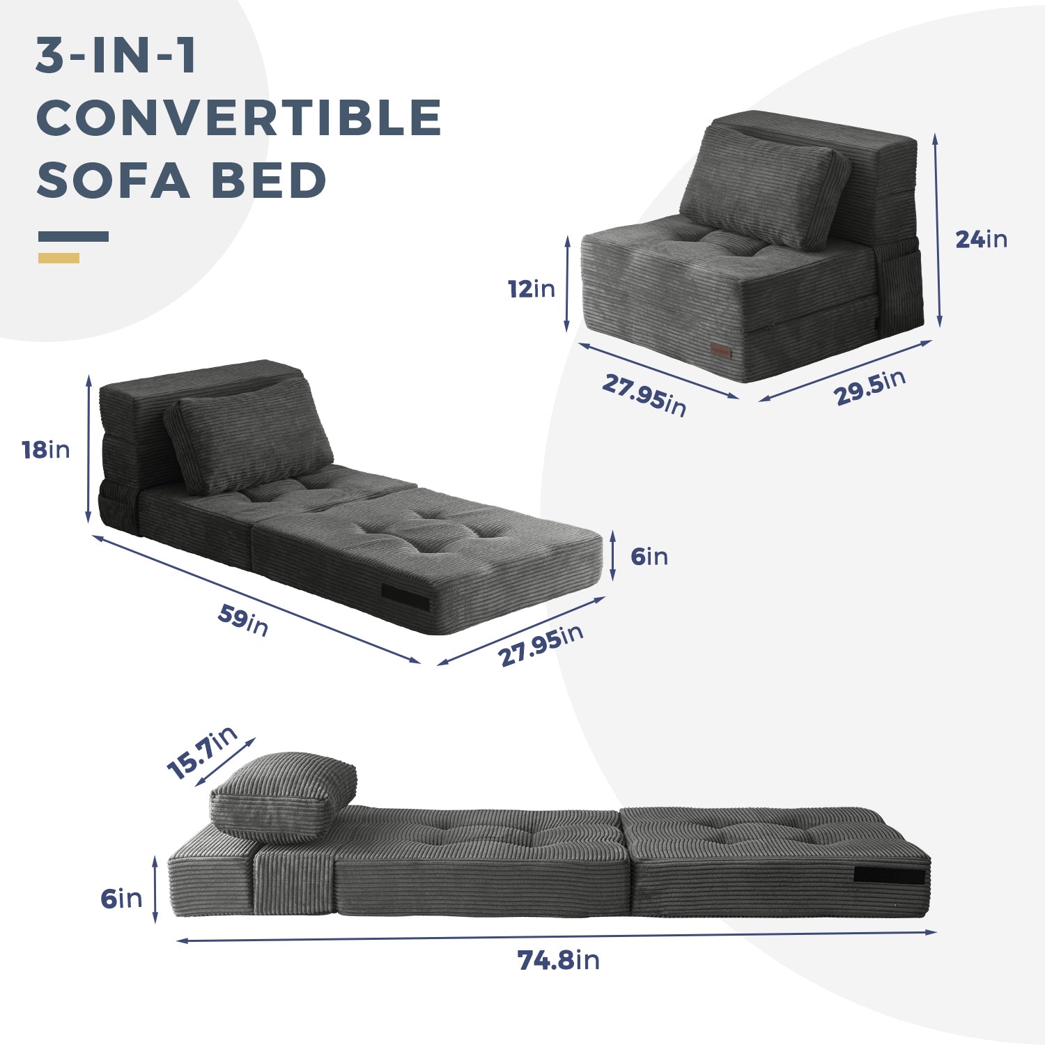 MAXYOYO 4-in-1 Convertible Sofa Bed Chair - Foldable Floor Couch for Small Spaces, Dark Grey - Perfect for Studio Apartments, Guest Rooms & Dorm Living