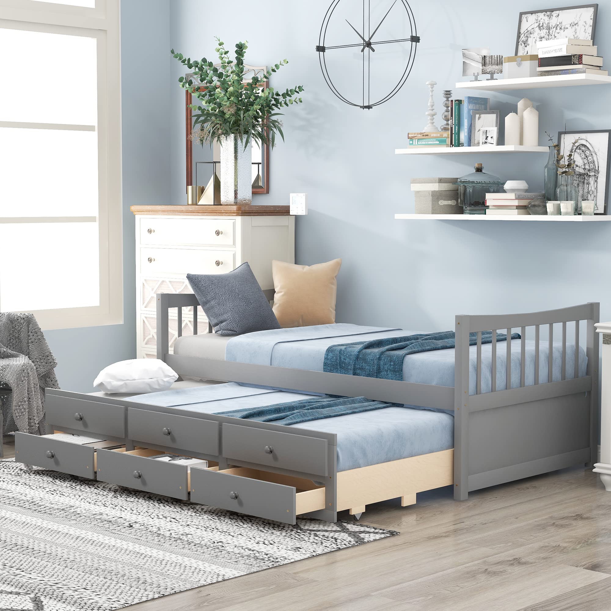 Twin Size Daybed with Trundle - Pinewood Platform Bed Frame with 3 Storage Drawers, Convertible Sofa Bed for Kids & Teens Bedroom - Space Saving Gray Furniture for Guest Room, Dorm or Small Spaces