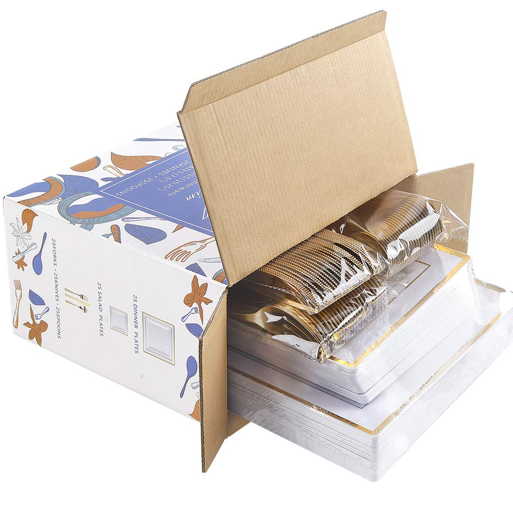 125-Piece Gold Plastic Dinnerware Set - 25 Gold Rimmed Dinner Plates, 25 Salad Plates, 25 Forks, 25 Knives & 25 Spoons - Elegant Disposable Tableware for Parties, Weddings & Events