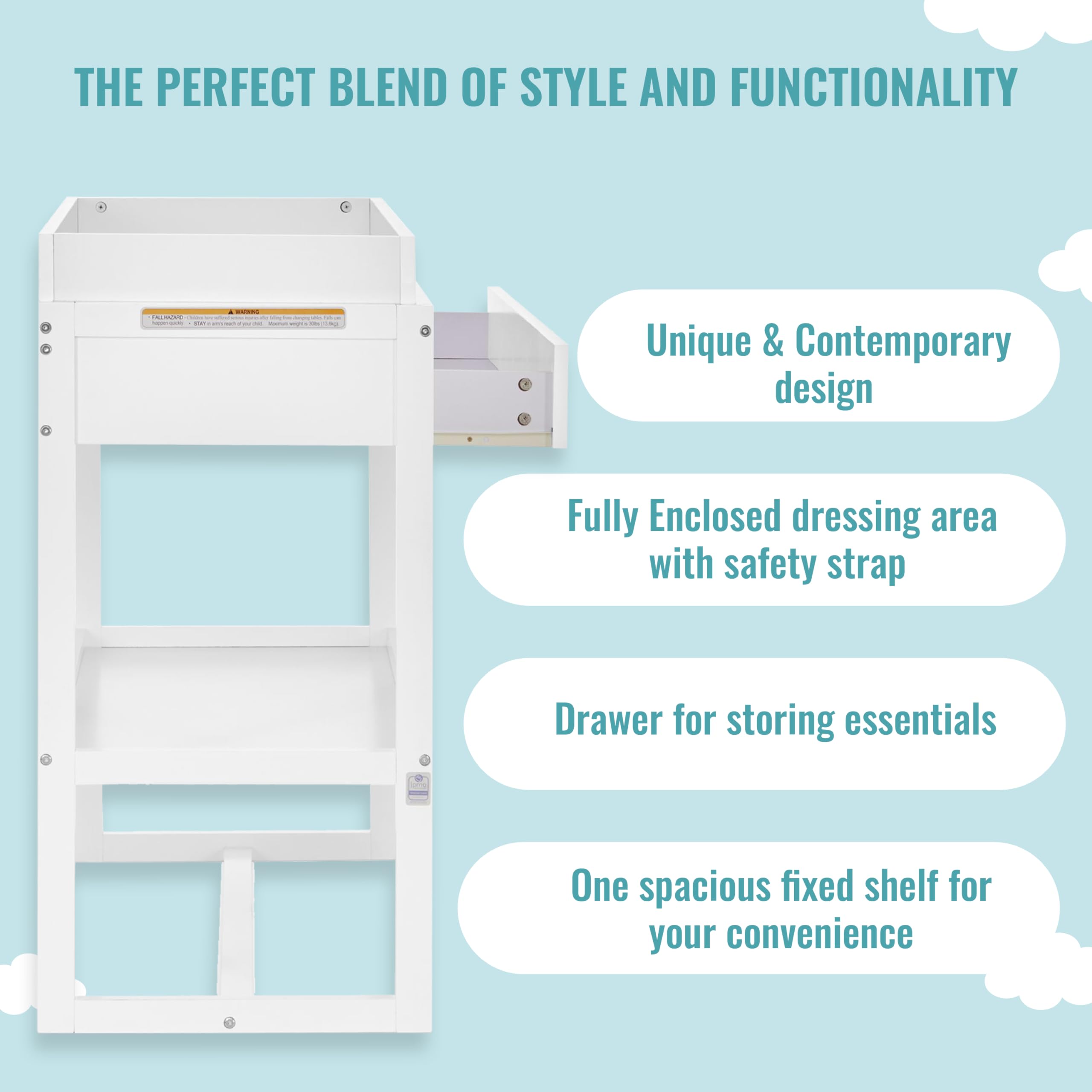 Dream On Me Arlo White Changing Table - Solid New Zealand Pinewood, Non-Toxic Finish with Waterproof Mattress Pad & Safety Strap - Perfect for Nursery, Baby Room & Gift Registry