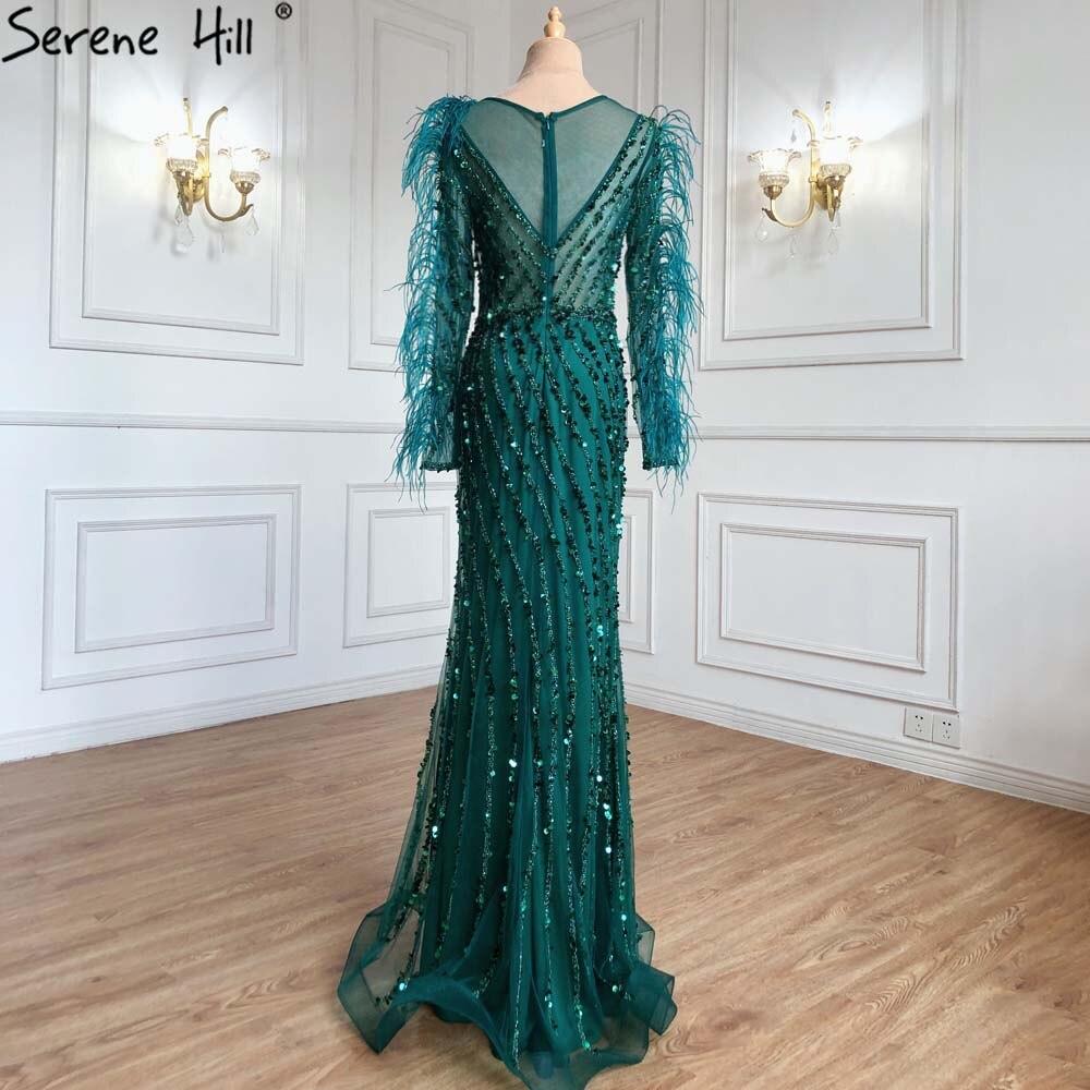 Elegant Muslim Green Feather Beaded Evening Gown for Women - Luxury Mermaid Dress for Parties, Weddings & Special Occasions - Serene Hill Collection 2025 LA71406