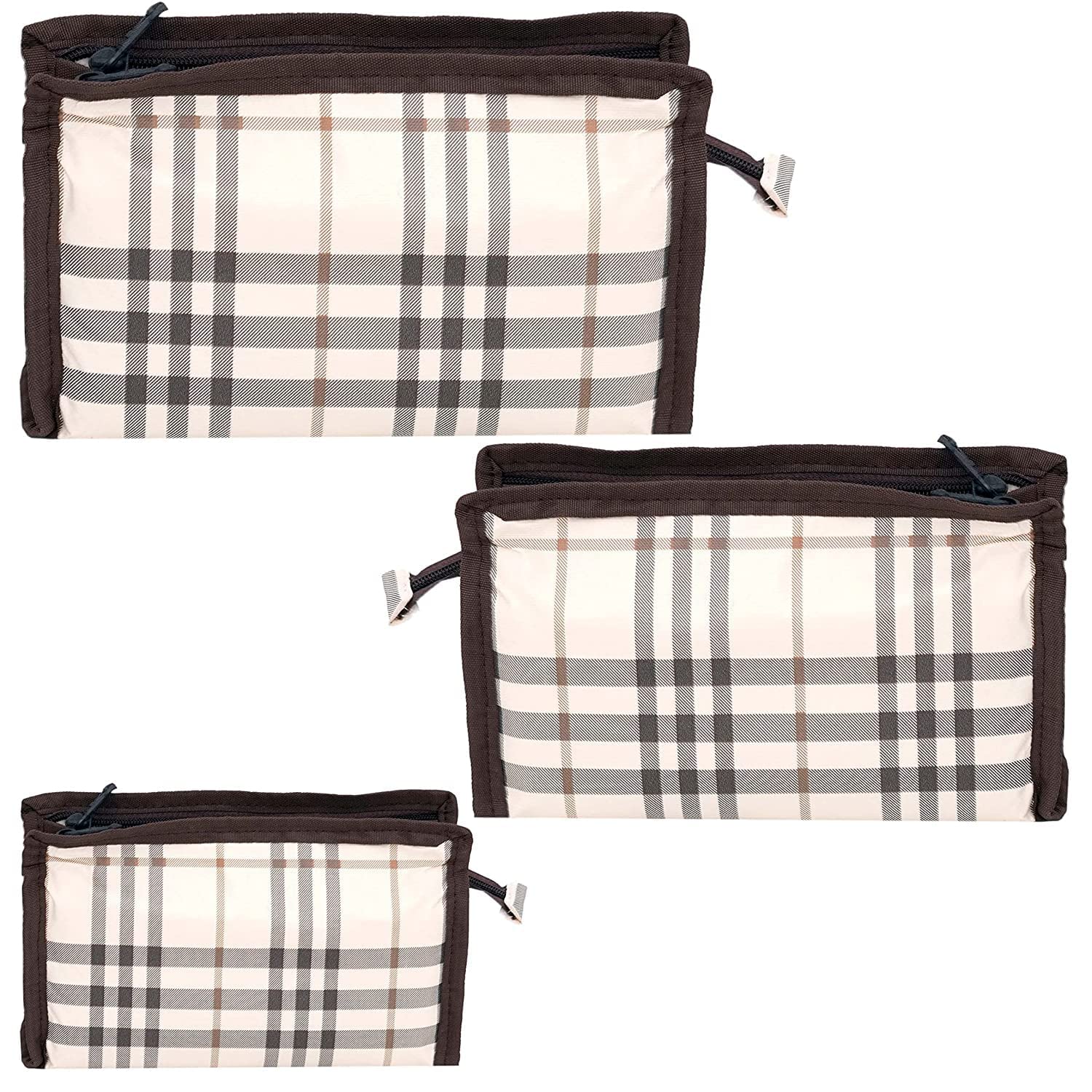 Flywind Synthetic Travel Makeup Organizer Bag - Extra Large Cosmetic Case with 3 Pouch Set (Brown & White) | Perfect for Travel, Home Storage & Grooming Essentials Organization