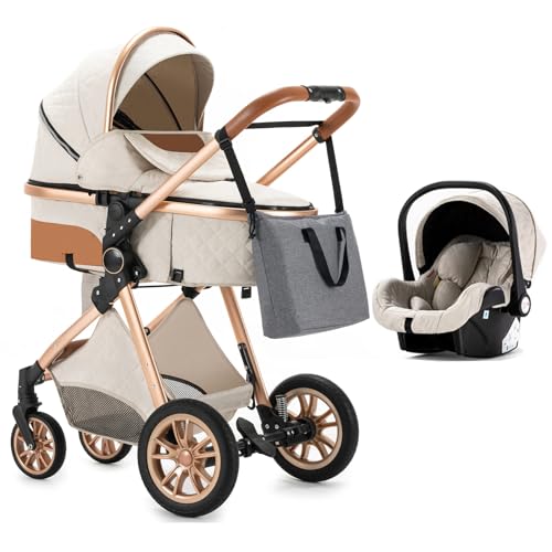 3 in 1 Baby Stroller with Car Seat - Lightweight Travel System, One-Click Foldable Aluminum Frame Stroller for Newborns & Toddlers (White) - Perfect for Shopping, Travel & Daily Walks