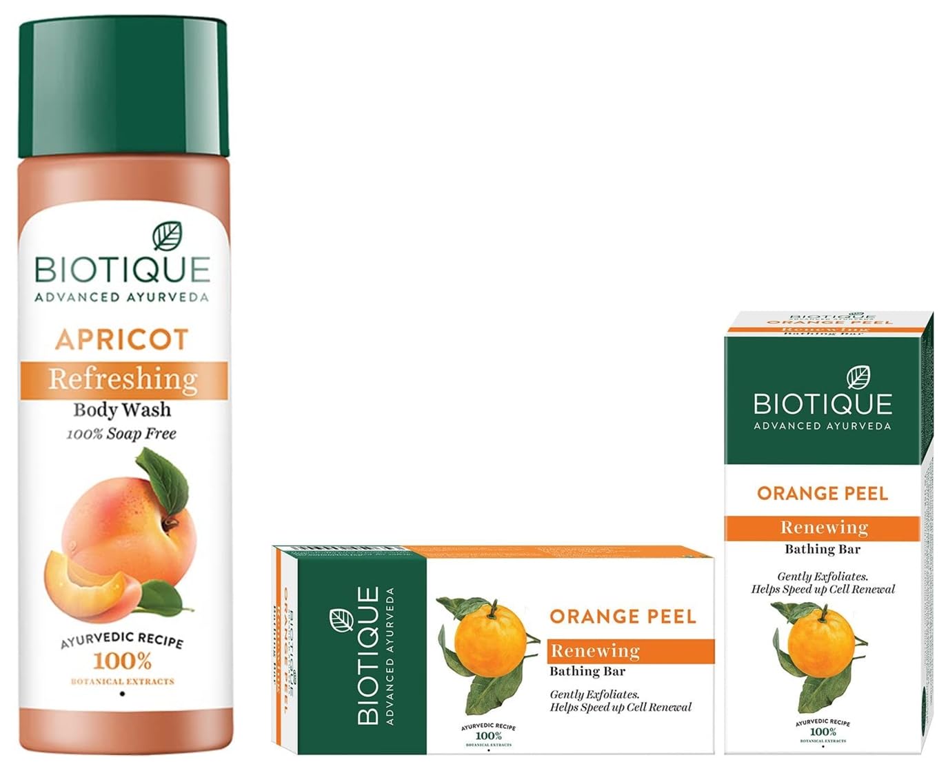 Biotique Bio Apricot Refreshing Body Wash 190ml & Bio Orange Peel Revitalizing Body Soap 150g - Natural Ayurvedic Skincare for Dry & Sensitive Skin - Perfect for Daily Shower & Spa Relaxation