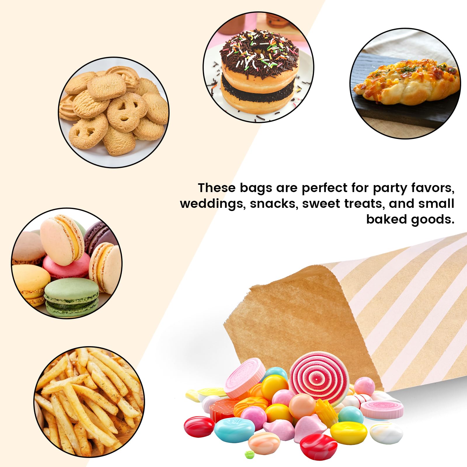 VGOODALL 120-Pack 5x7 Inch Kraft Paper Bags - Eco-Friendly Flat Cookie Bags, Snack Bags & Popcorn Bags for Parties, Bakery Treats & Retail Sales (4 Stylish Designs) | Perfect for Birthday Favors, Wedding Snacks & Small Business Packaging