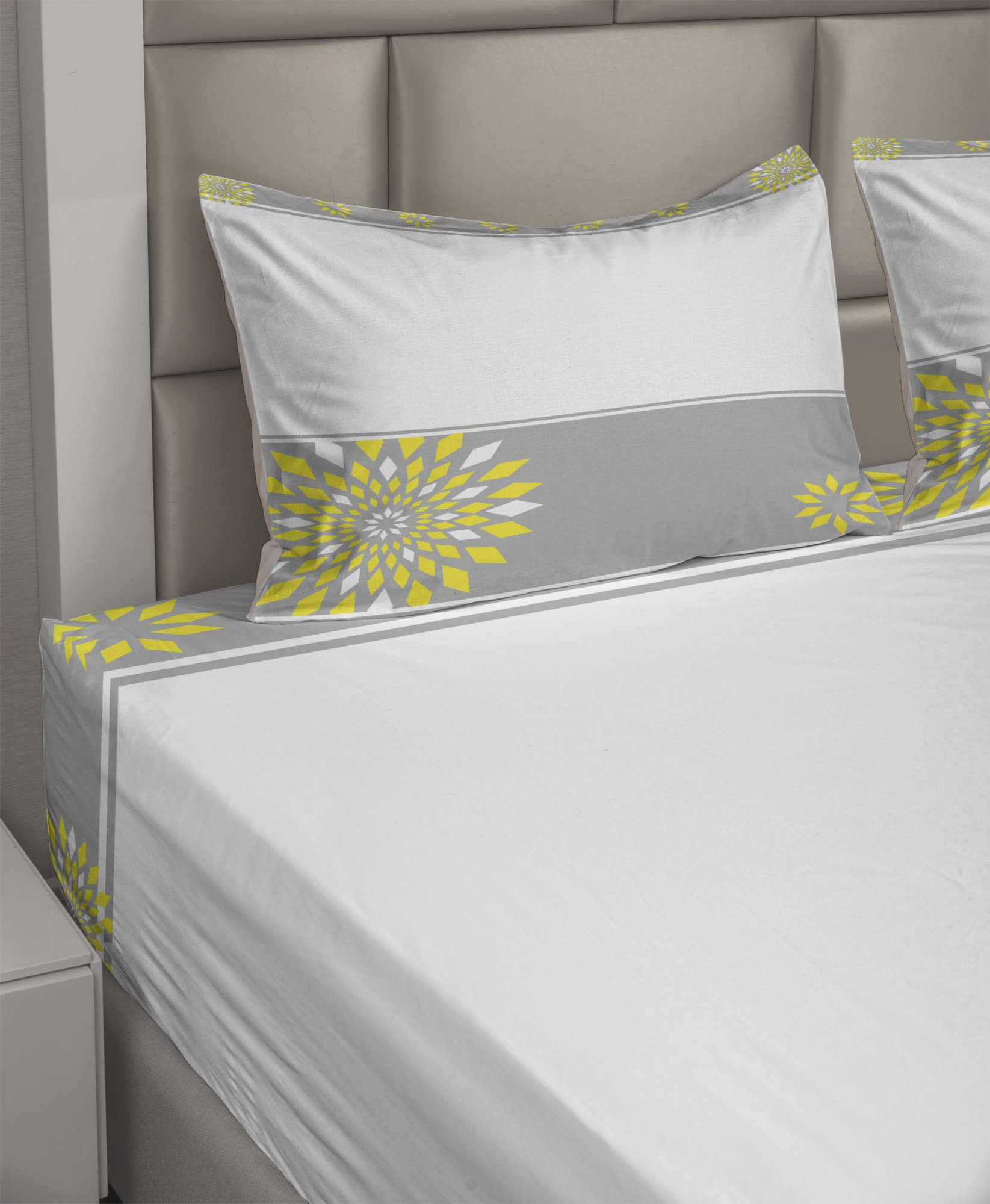 Ambesonne Grey and Yellow 4-Piece King Sheet Set - Modern Futuristic Geometric Floral Border, Fitted & Flat Sheets with Pillowcases - Pale Grey Marigold Bedding for Contemporary Bedrooms