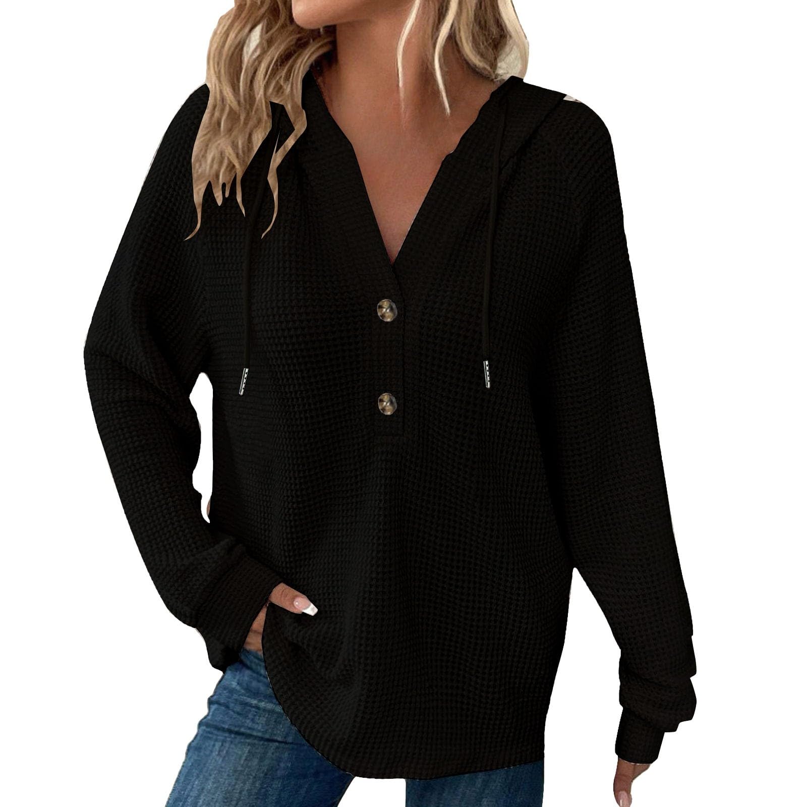 Women's Waffle Knit Oversized Hoodie - Button V Neck Lightweight Y2K Baggy Pullover Sweater | Casual Loungewear & Streetwear Fashion for Everyday Wear