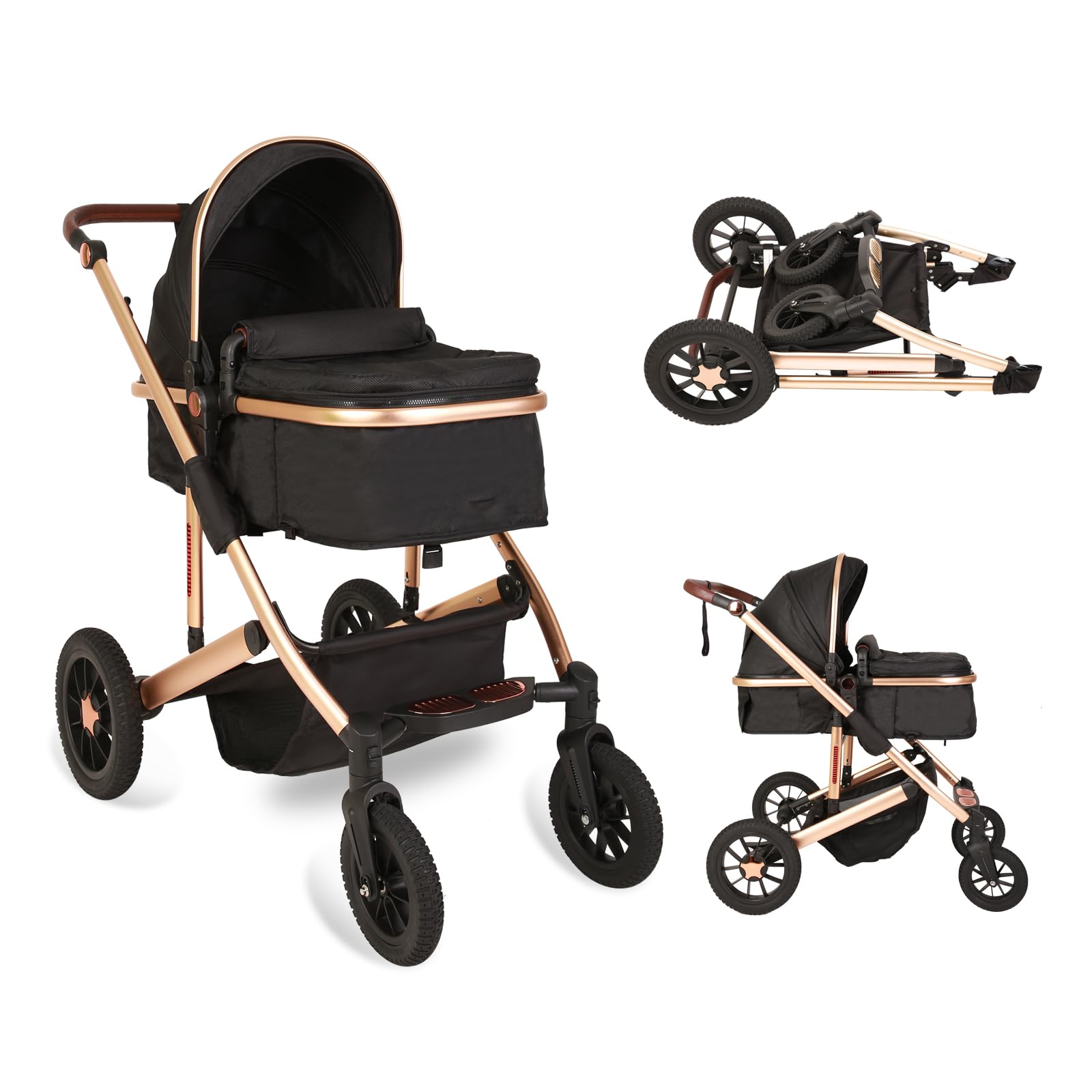 Trenana 2 in 1 Baby Stroller - Reversible Bassinet & Adjustable Canopy, Lightweight Foldable Aluminum Alloy Stroller with Shock Absorption for Newborns (Gold-Black) | Perfect for Park Walks, Shopping & Travel