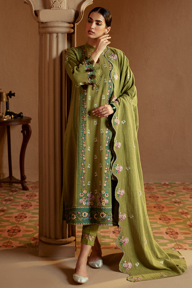 Green Oasis 3-Piece Khaddar Embroidered Suit Set - Elegant Pakistani Formal Wear for Weddings & Special Occasions