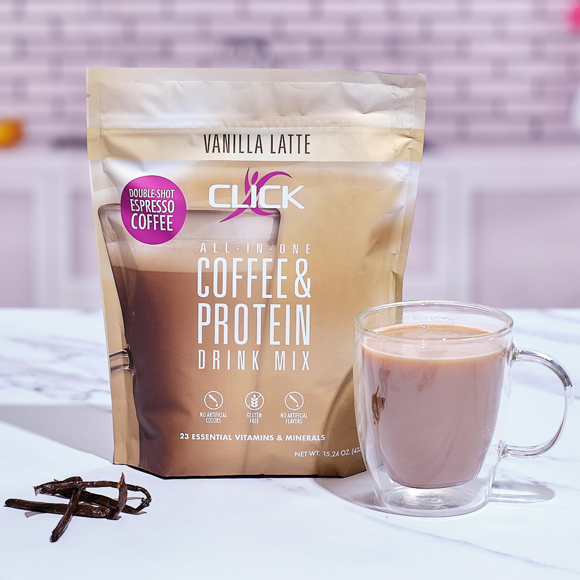 Click Coffee Protein Powder - Double Shot Espresso with 16g Protein & 23 Vitamins | Low Calorie Meal Replacement Shake | 150mg Caffeine, Gluten Free, No Artificial Flavors | Vanilla Flavor | Perfect for Post-Workout Recovery & Busy Mornings