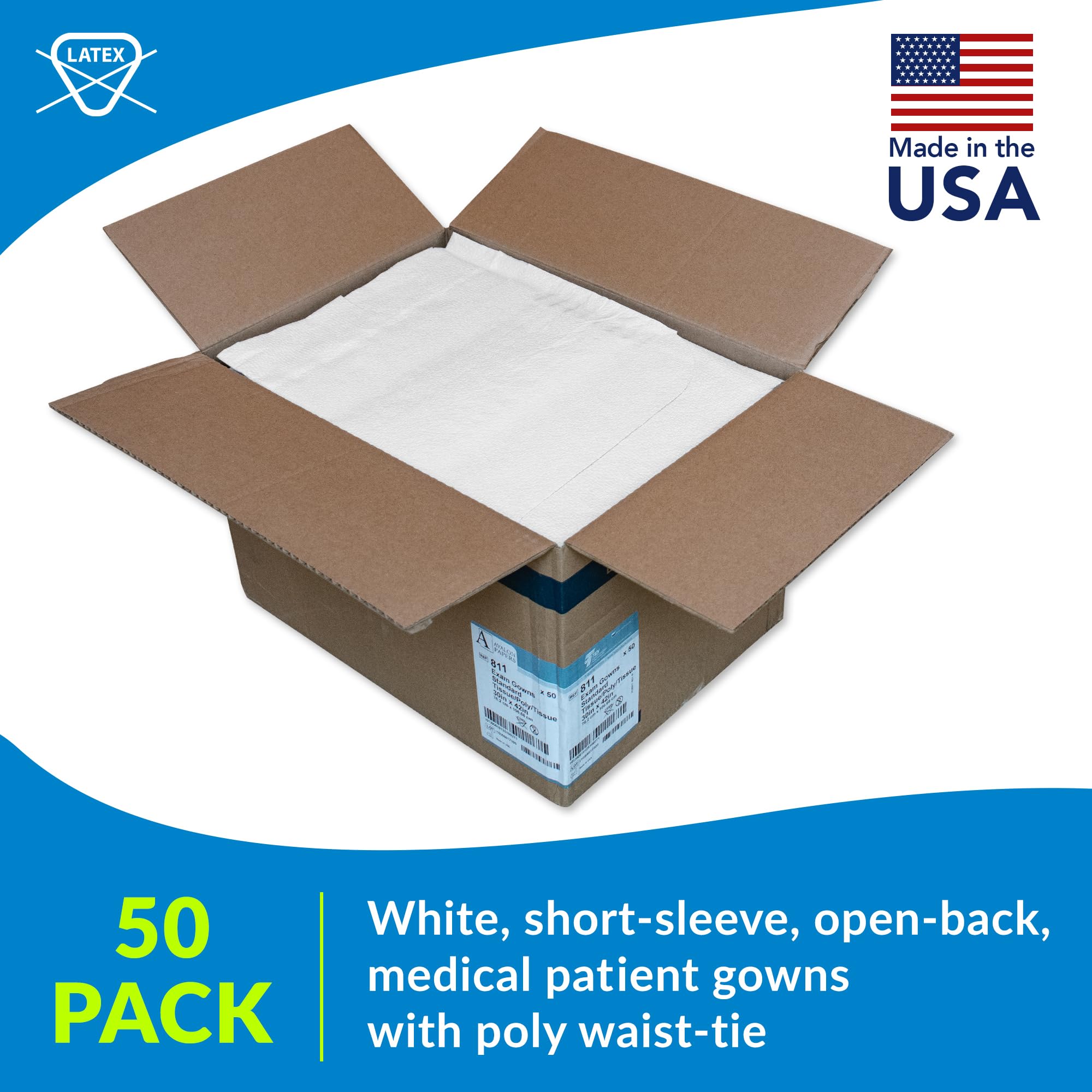 **Avalon Disposable White Medical Gowns - Pack of 50 - Open Back with Waist Tie - Short Sleeve Exam Gowns - 30