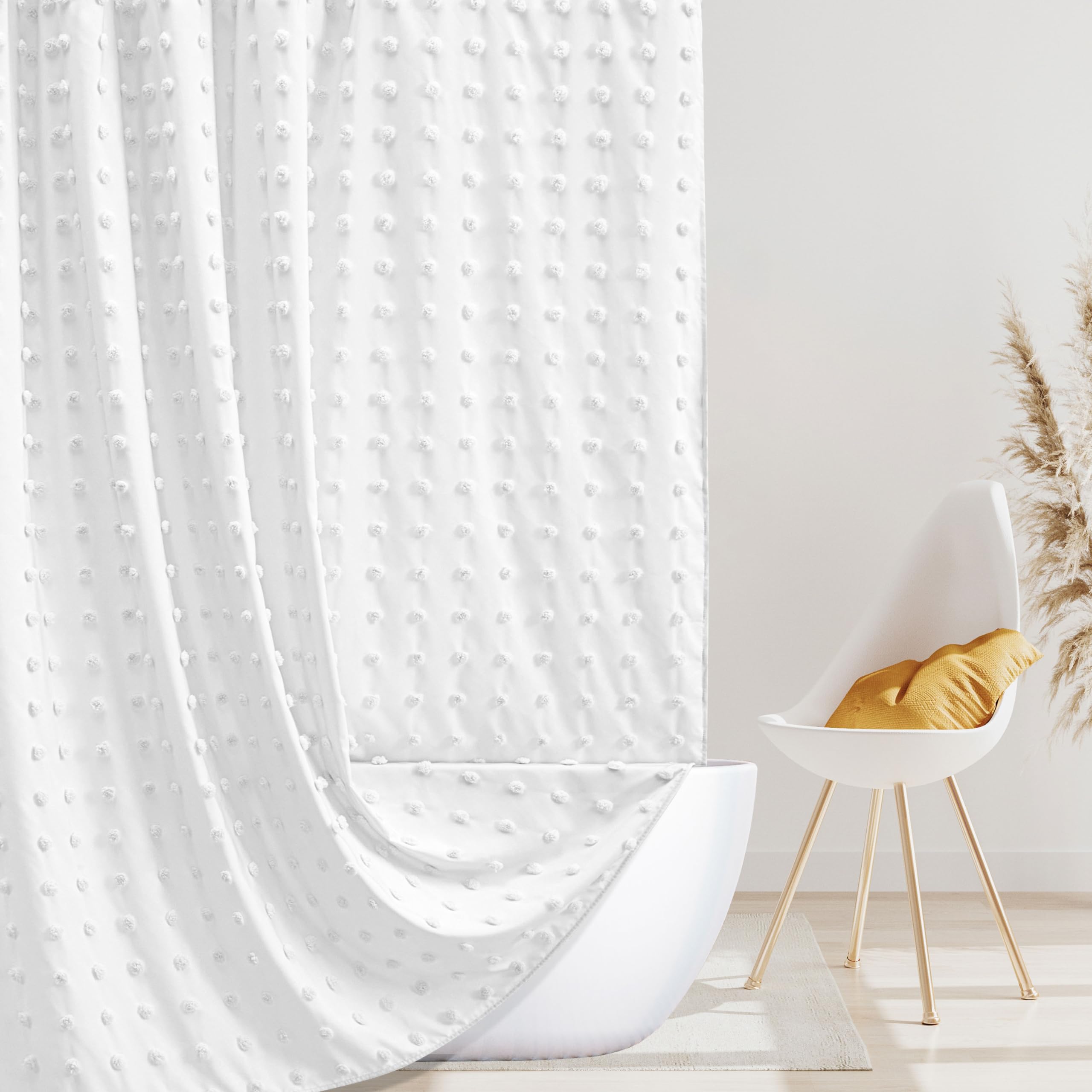 Extra Long 72 x 84 Inch Boho Farmhouse Shower Curtain - Woven Fabric White Bathroom Curtain with Tufted Pleat Floral Puffs, Textured Modern Minimalist Design, Includes Hooks - Perfect for Spa-Like Bathrooms and Boho Chic Home Decor