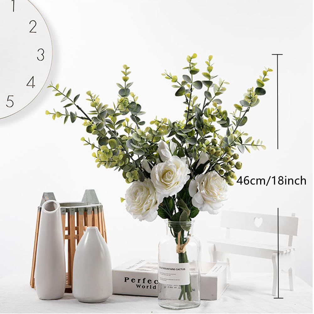 Silk Roses & Eucalyptus Bouquet - Large White Artificial Flowers for Wedding Centerpieces & Home Decor