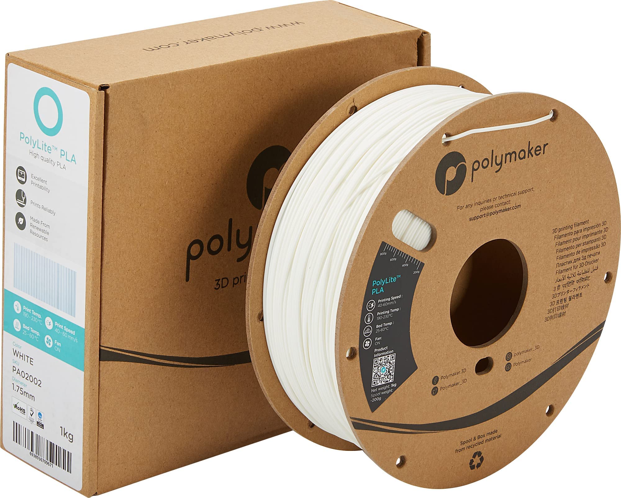 Polymaker PolyLite PLA 3D Printer Filament 1.75mm Bundle - 3 Spools (Green, Red, White) | High-Quality PLA Filament for Smooth 3D Printing | Perfect for DIY Projects, Home Decor & Prototyping