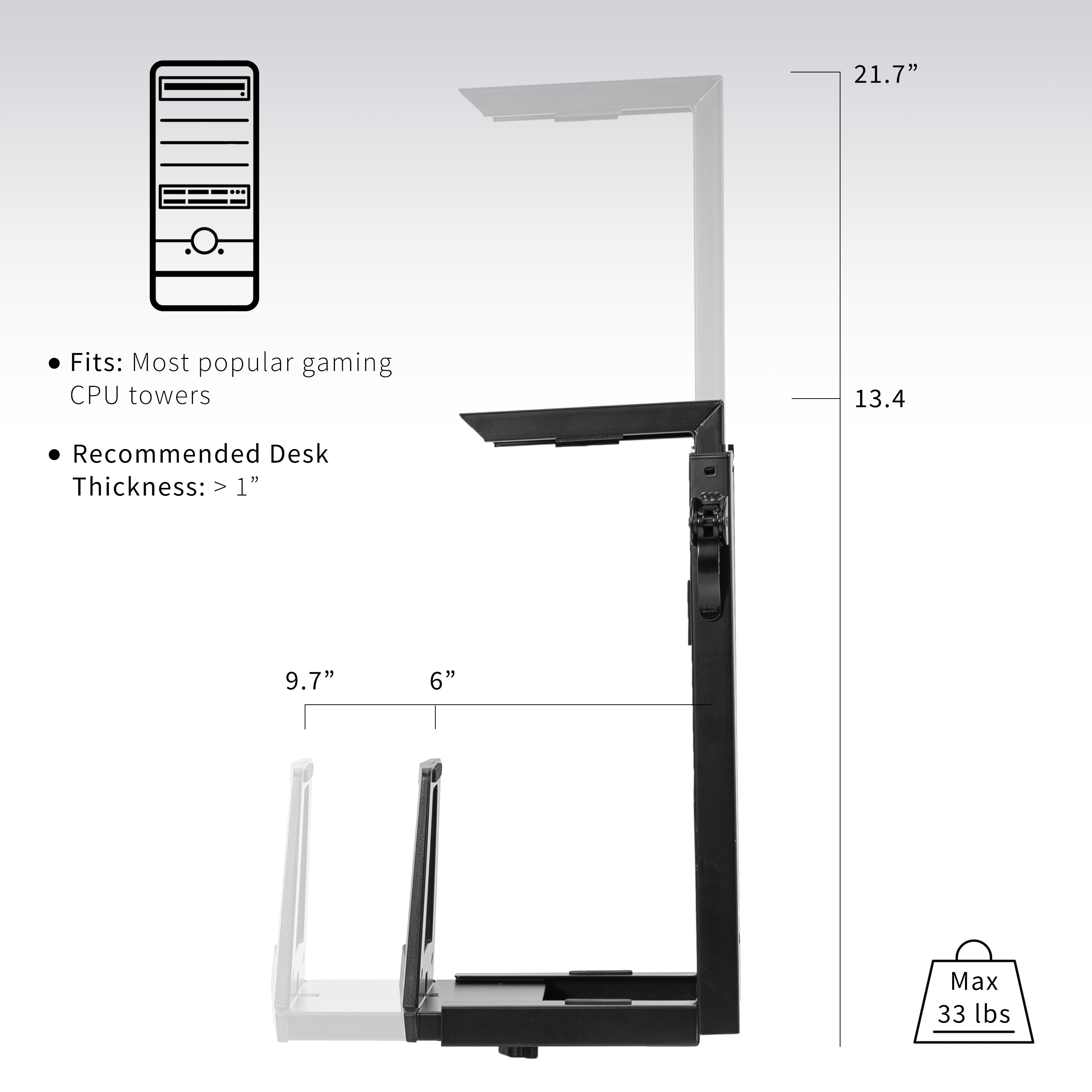 Under Desk Gaming PC Mount - Adjustable CPU Holder for Computer & Desktop - Space Saving PC Stand for Home & Office Gaming Setup