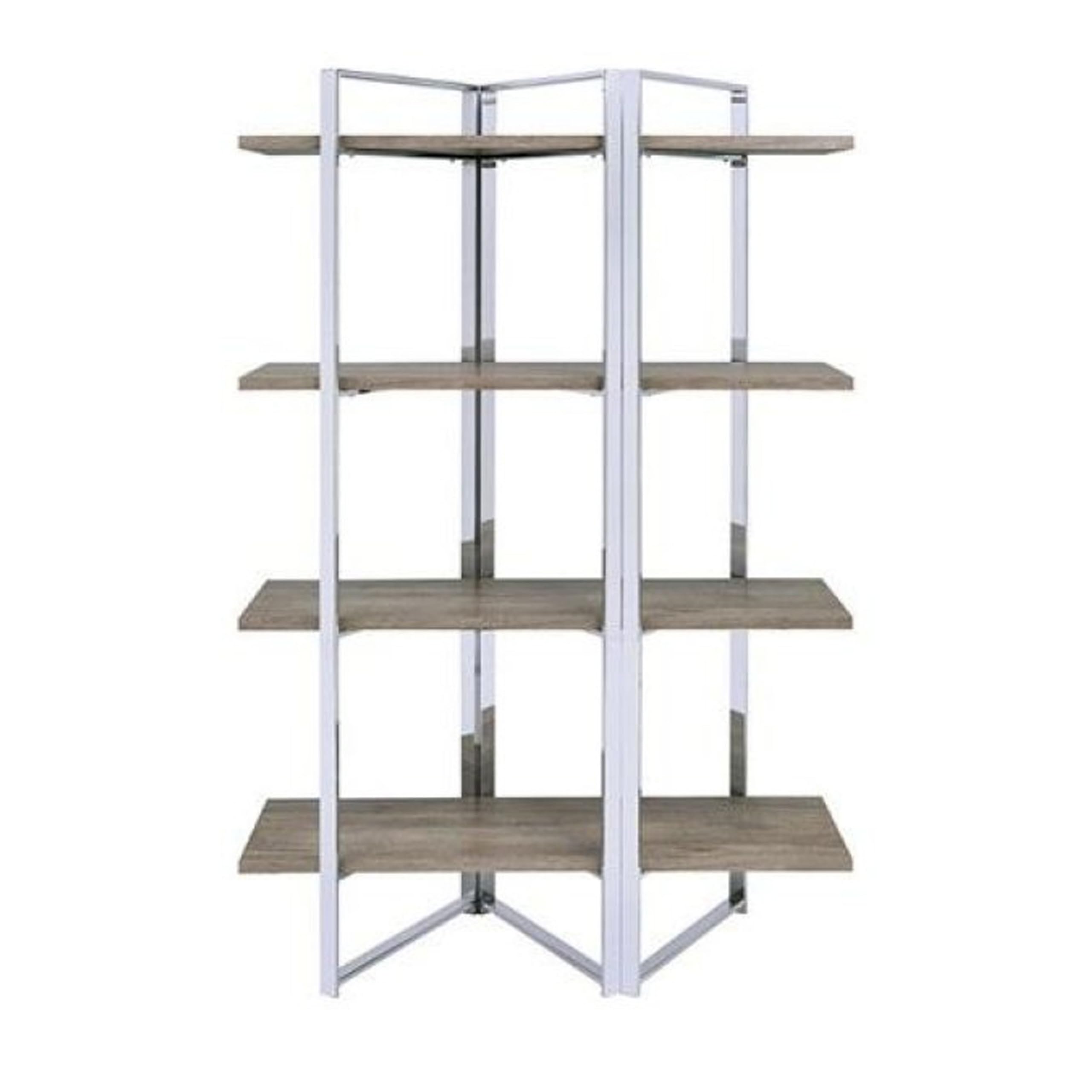 Benjara Geometric Metal Framed Bookshelf with 4 Open Wooden Shelves - Brown & Silver Modern Bookcase for Living Room, Office, Bedroom - Stylish Storage Solution for Books, Decor & Display Items