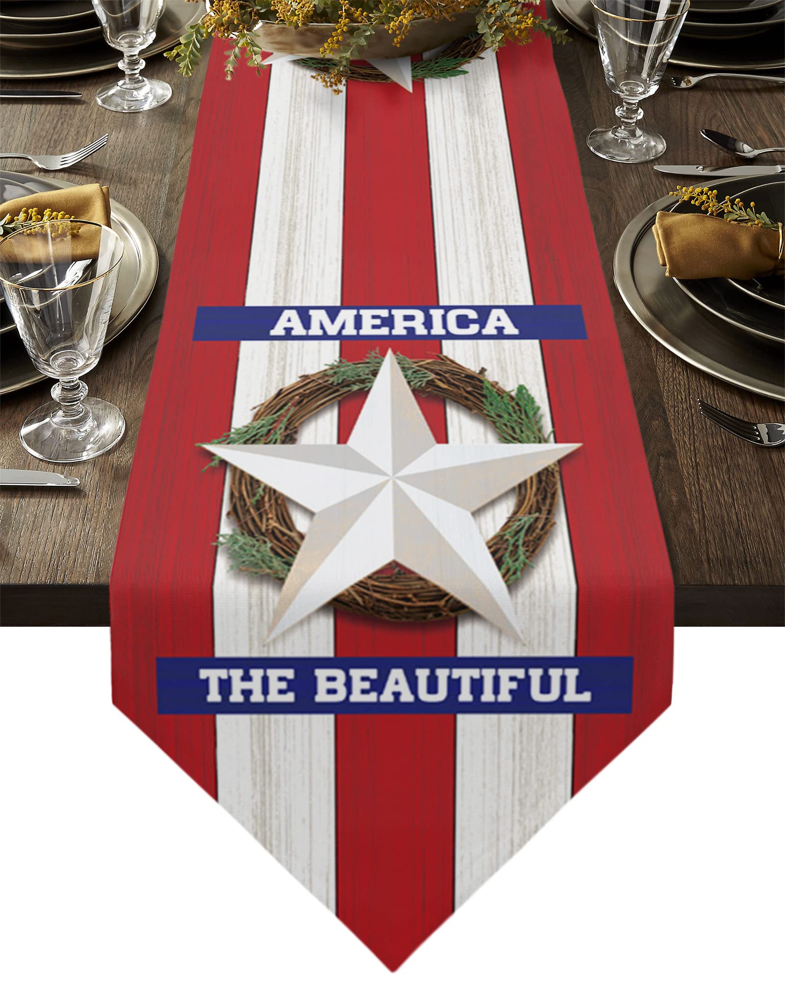 Farmhouse Style Independence Day Stars Wreath - Red White Striped Linen Burlap Table Runner - Washable Durable Kitchen Dining Room Decor - Perfect for 4th of July, Thanksgiving & Christmas Holiday Table Settings