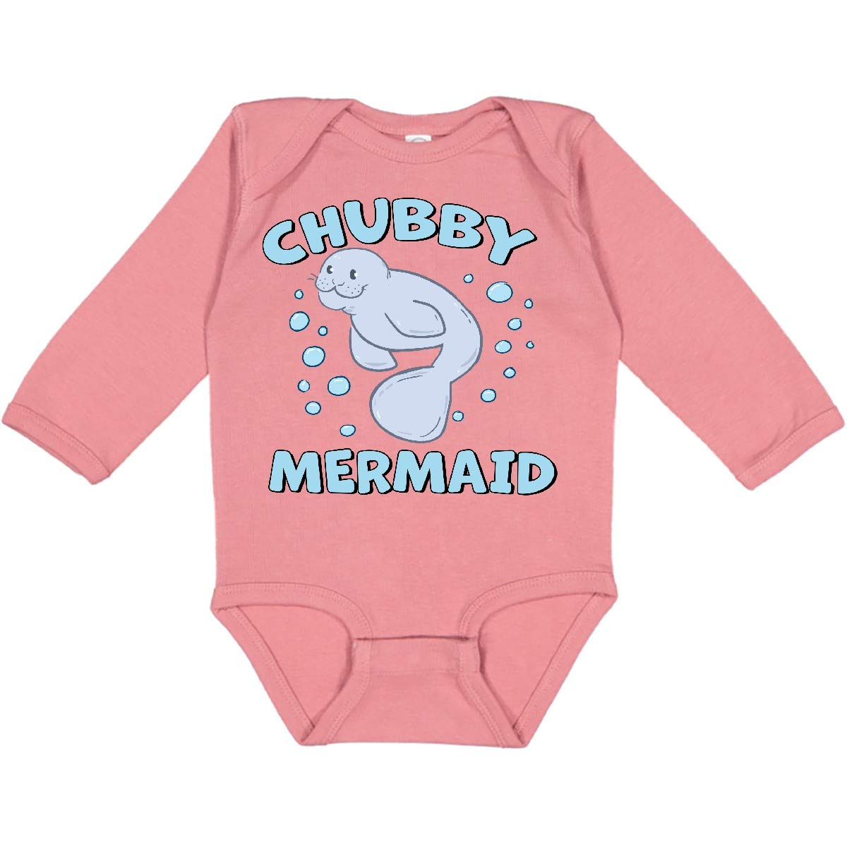 Inktastic Chubby Mermaid with Cute Manatee and Bubbles Print Long Sleeve Baby Bodysuit - Soft Cotton Onesie for Newborns & Infants - Perfect for Beach Trips, Mermaid Themed Parties & Photo Shoots