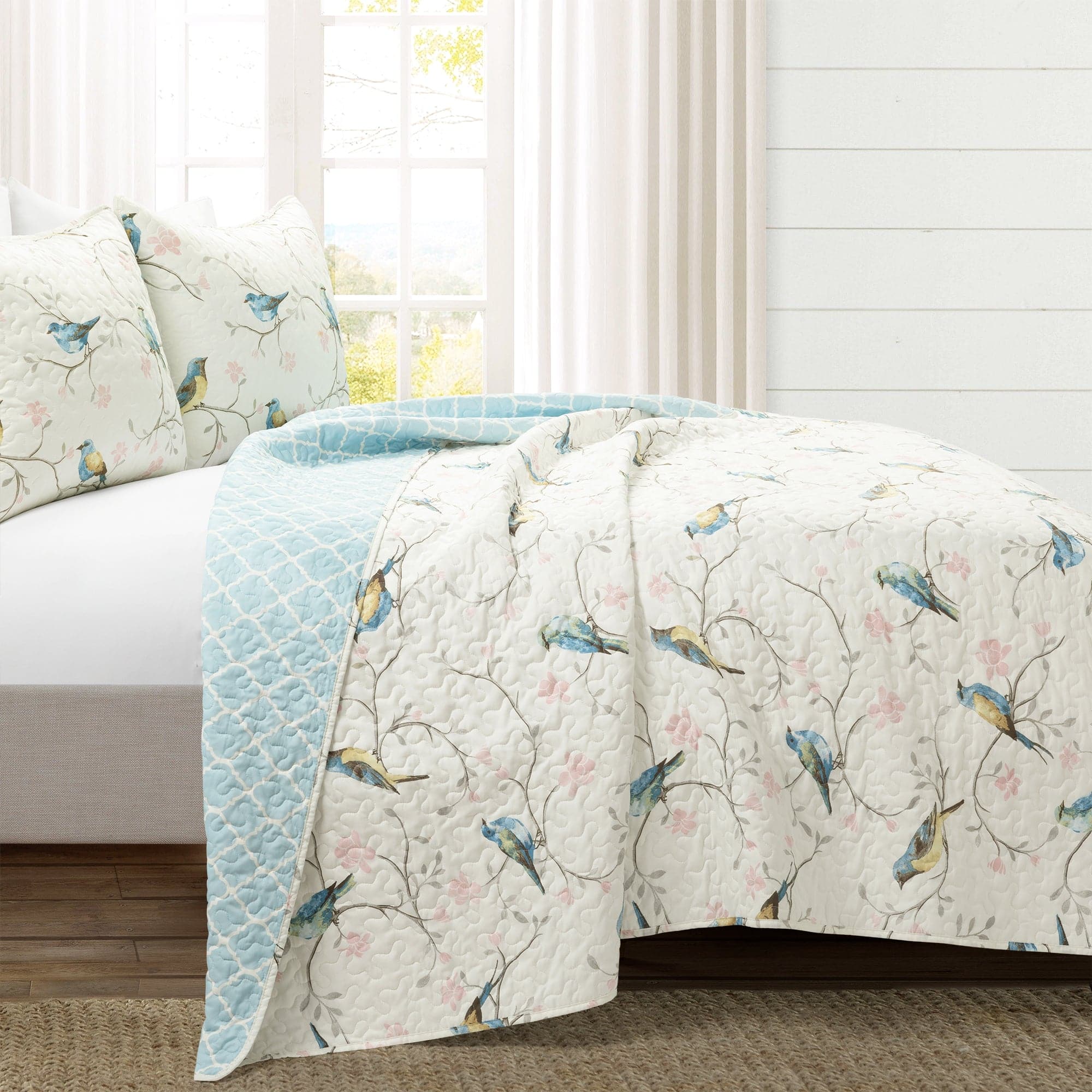 Botanical Bird & Flower Quilt 3-Piece Bedding Set - Queen Size Floral Duvet Cover with Pillow Shams - Perfect for Spring & Summer Bedroom Decor