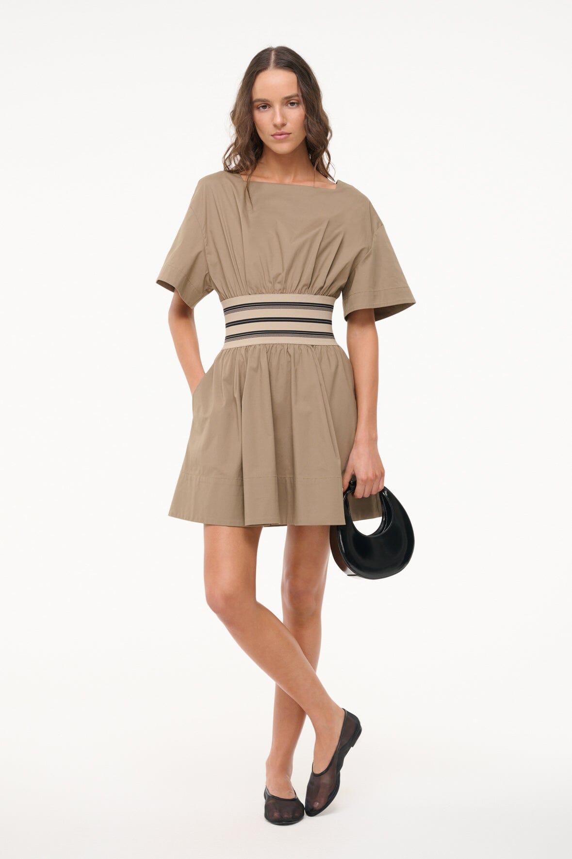 AMY Mini Dress in Taupe - Women's Short Sleeve Bodycon Party Dress for Night Out, Date Night & Special Occasions