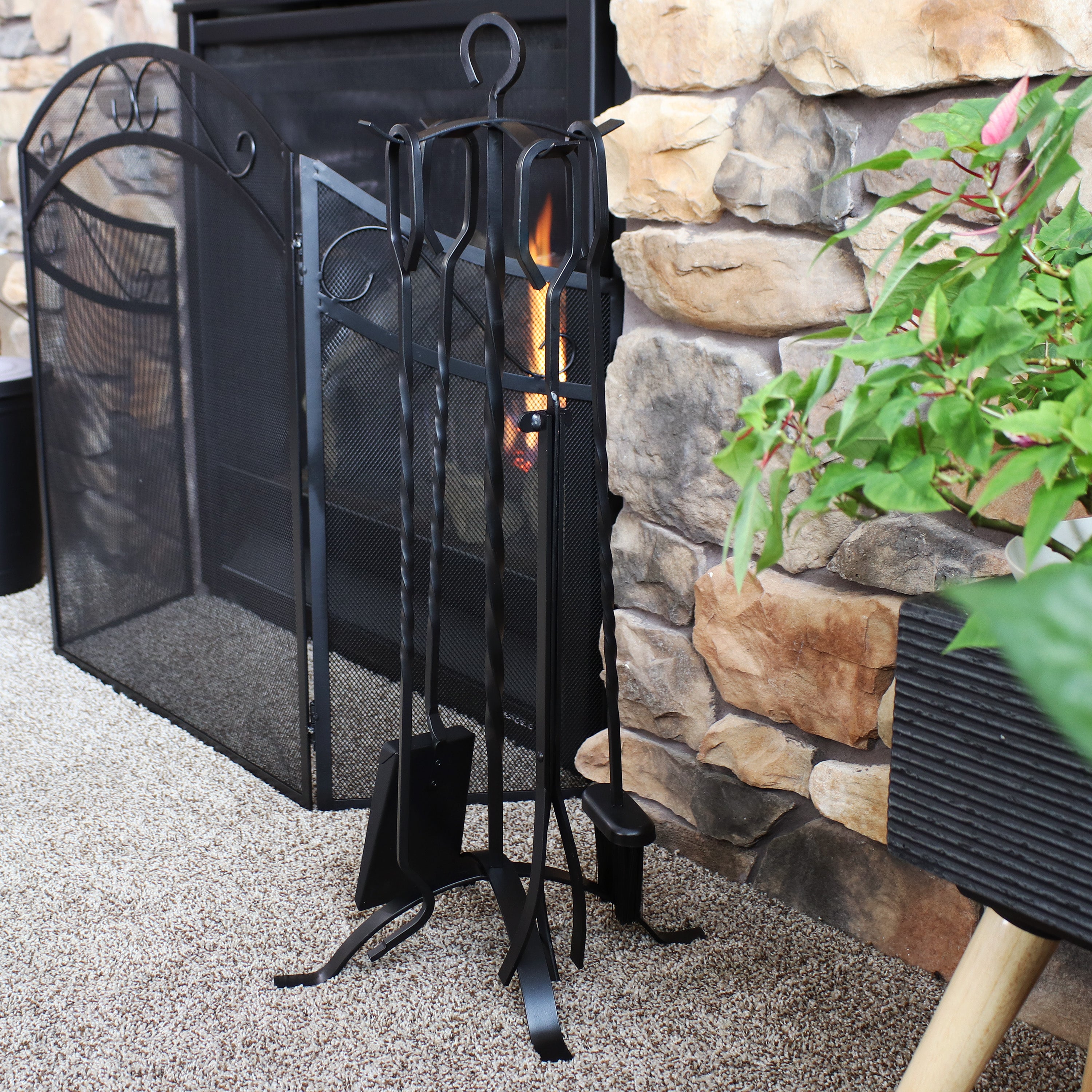 Sunnydaze 4-Piece Steel Fireplace Tool Set with Stand - Heavy Duty Fireplace Accessories for Wood Burning Stoves & Fire Pits - Perfect for Indoor & Outdoor Use