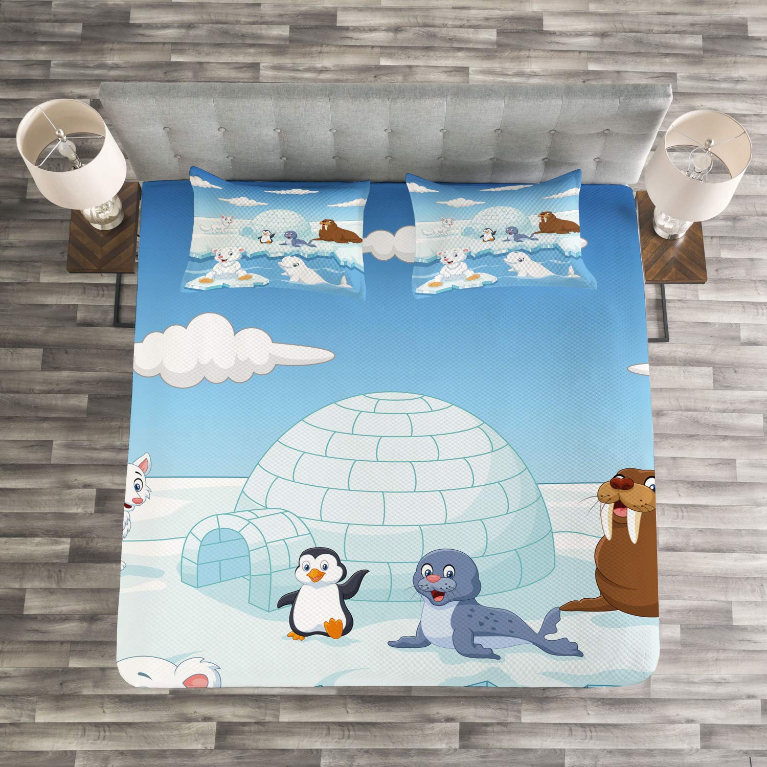 Ambesonne Arctic Animals Bedspread Set - Polar Bears, Seals, Penguins, Wolves & Whales Artwork, 3-Piece Decorative Bedding Coverlet with 2 Pillow Shams, Queen Size, Sky Blue & White - Perfect for Winter Themed Bedrooms & Cozy Cabin Decor