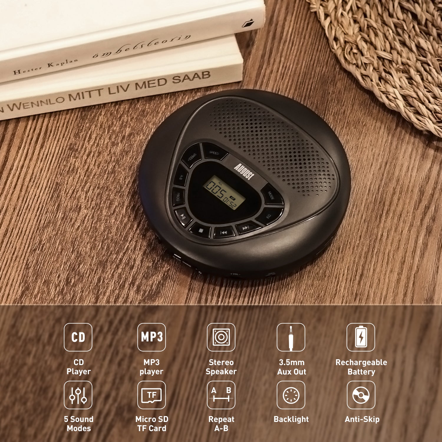 Portable Rechargeable Personal CD Player with Built-in Speakers & MP3 Playback - AUX Input, August SE10 [Refurbished] - Perfect for Home, Office, Travel & Outdoor Use