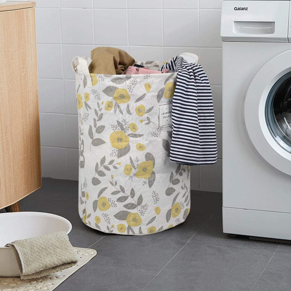 UUJOLY Foldable Laundry Basket with Handles - Waterproof Collapsible Laundry Hamper for Home & Travel - 19.7x15.7 Inch Cotton Linen Storage Organizer (Yellow) - Perfect for Bedroom, Bathroom, Dorm & Camping