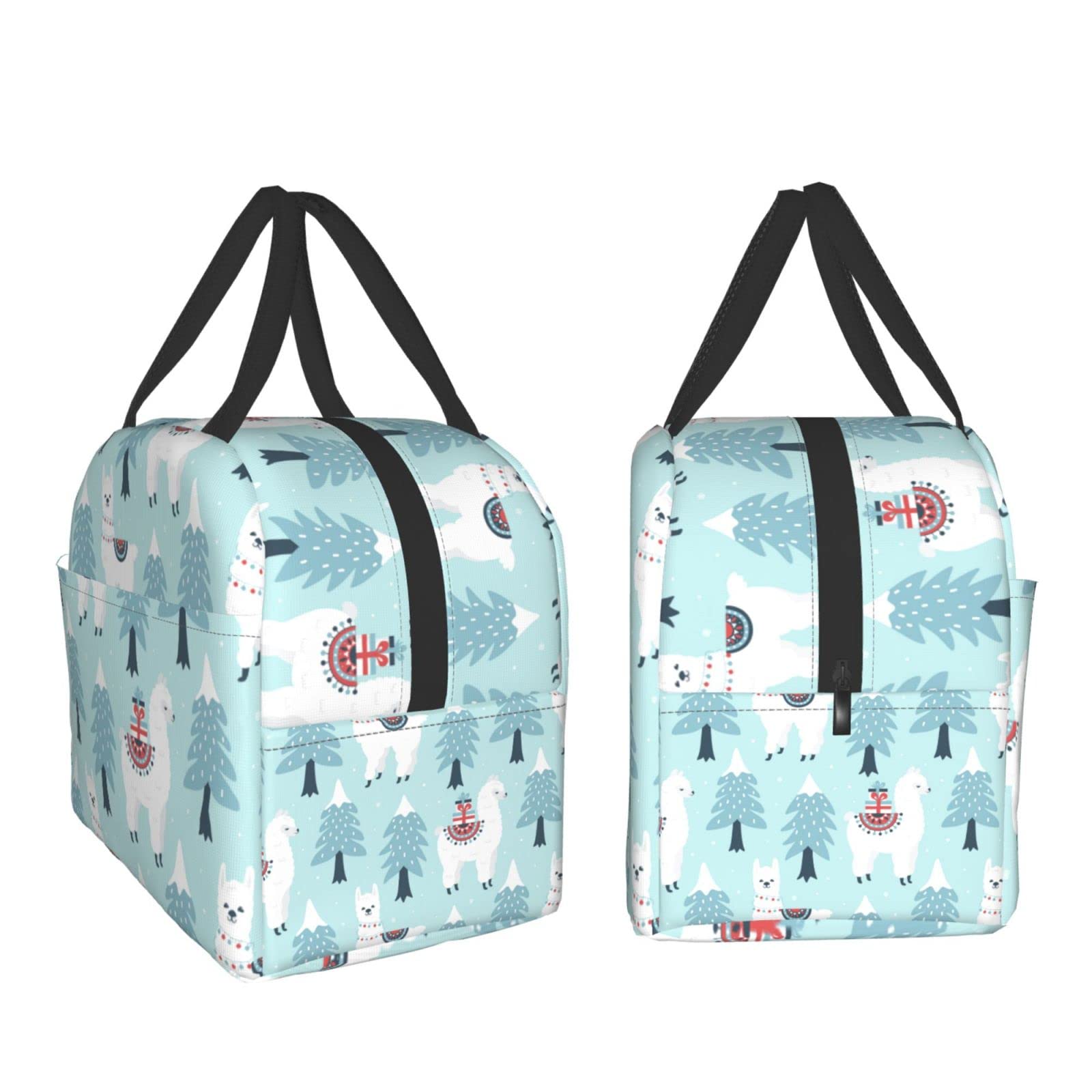 Christmas Tree & Cute Llama Print Insulated Lunch Box - Kawaii Reusable Thermal Food Bag with Gift Box Design - Perfect for School, Office, Picnics & Travel - Ideal Lunch Container for Women & Men