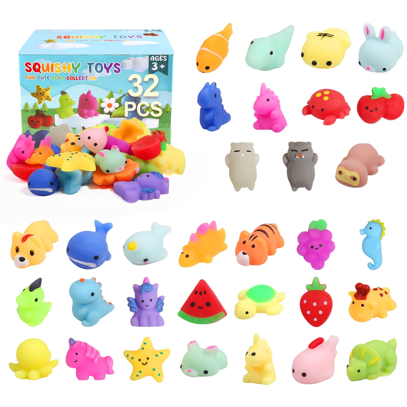 32-Pack Random Mochi Squishy Toys Set - Kawaii Cat Squishy Stress Relief Toys for Kids with Storage Box | Party Favors, Classroom Prizes & Goodie Bag Fillers | Perfect for Birthday Parties, School Rewards and Anxiety Relief