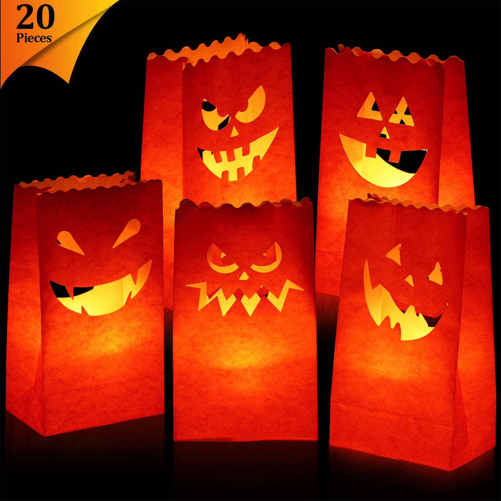 20-Pack Halloween Luminary Candle Bags - Flame Resistant Pumpkin Grimace Design for Spooky Decorations | Perfect for Halloween Party, Porch Decor & Trick-or-Treat Night