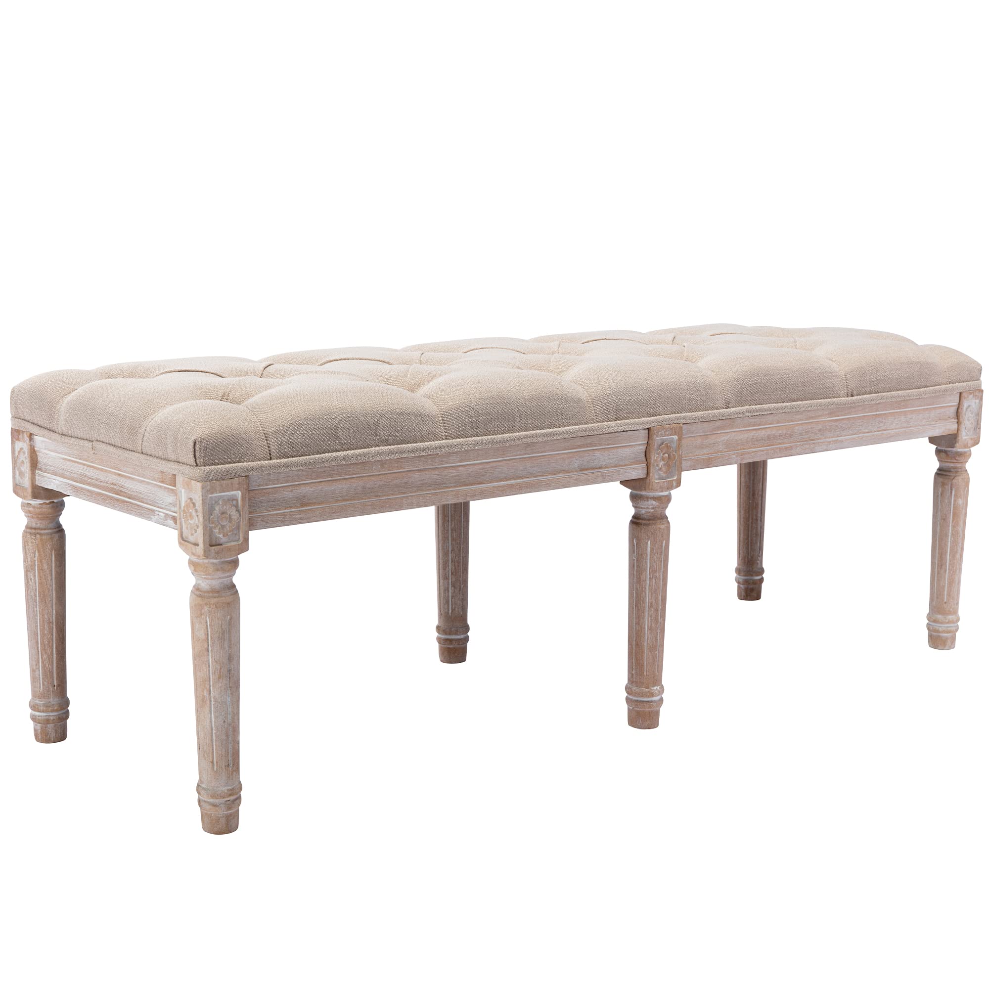 Chairus Fabric Upholstered Entryway Ottoman Bench with Rustic Wood Legs - Classic Bedroom Bench in Beige - Perfect for Hallway Seating, Bedroom Decor & Living Room Storage