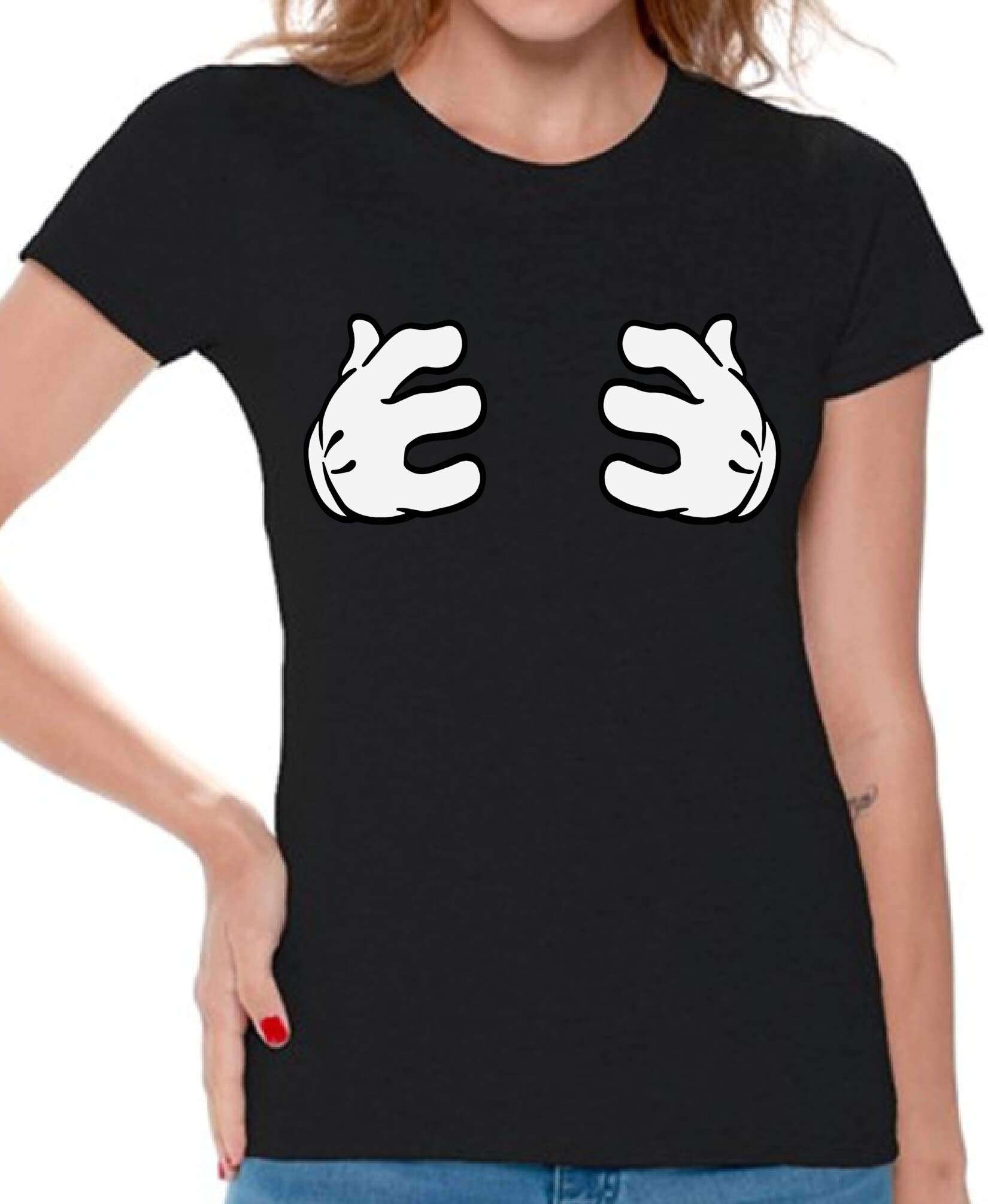 Awkwardstyles Women's Funny Cartoon Hands Grabbing Boobies Graphic Tee - Soft Cotton T-Shirt with Free Bookmark - Perfect for Bachelorette Parties & Girls Night Out