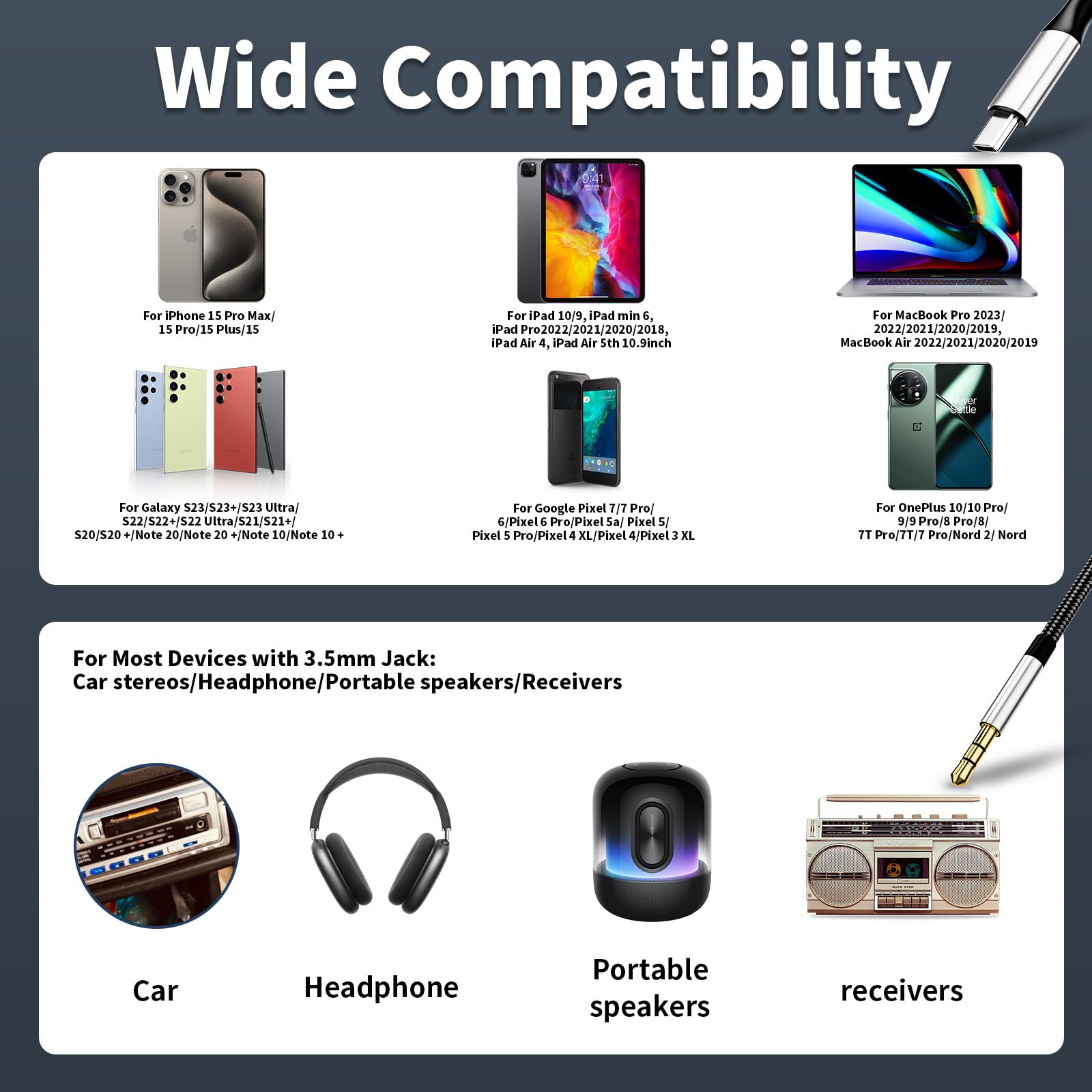 2 Pack MFi Certified USB C to 3.5mm Aux Cable for iPhone 15/15 Plus/15 Pro/15 Pro Max - 3.3ft Car Audio Adapter Compatible with Galaxy S24/S23/S22 & iPad Pro/Air/Mini - Perfect for Road Trips & Hands-Free Calling