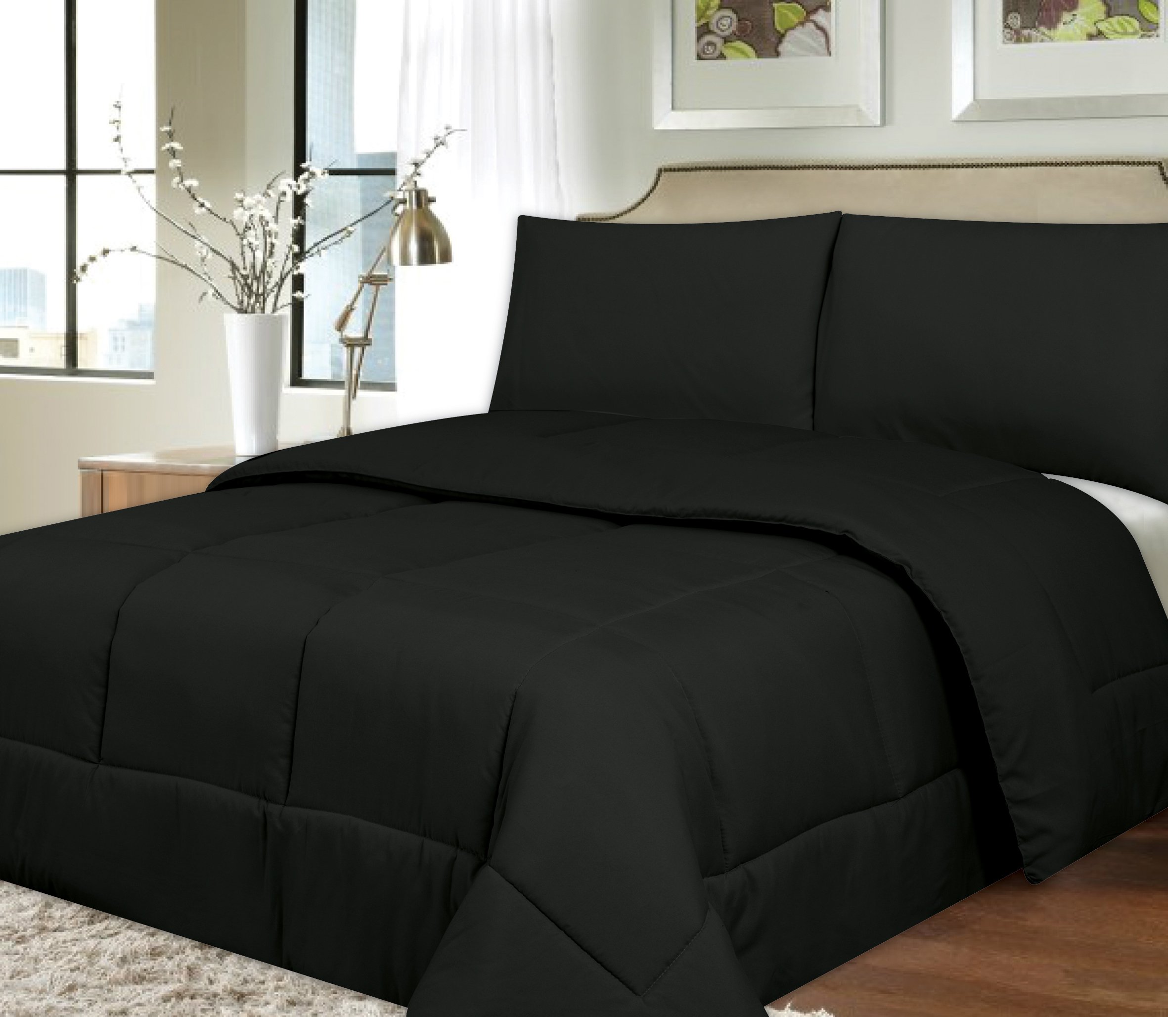 Sweet Home Collection Down Alternative Polyester Comforter - Hypoallergenic, Box Stitch Design, Soft Microfiber Bedding for All Seasons - Twin Size, Black - Perfect for Guest Rooms, Dorms & Cozy Bedrooms